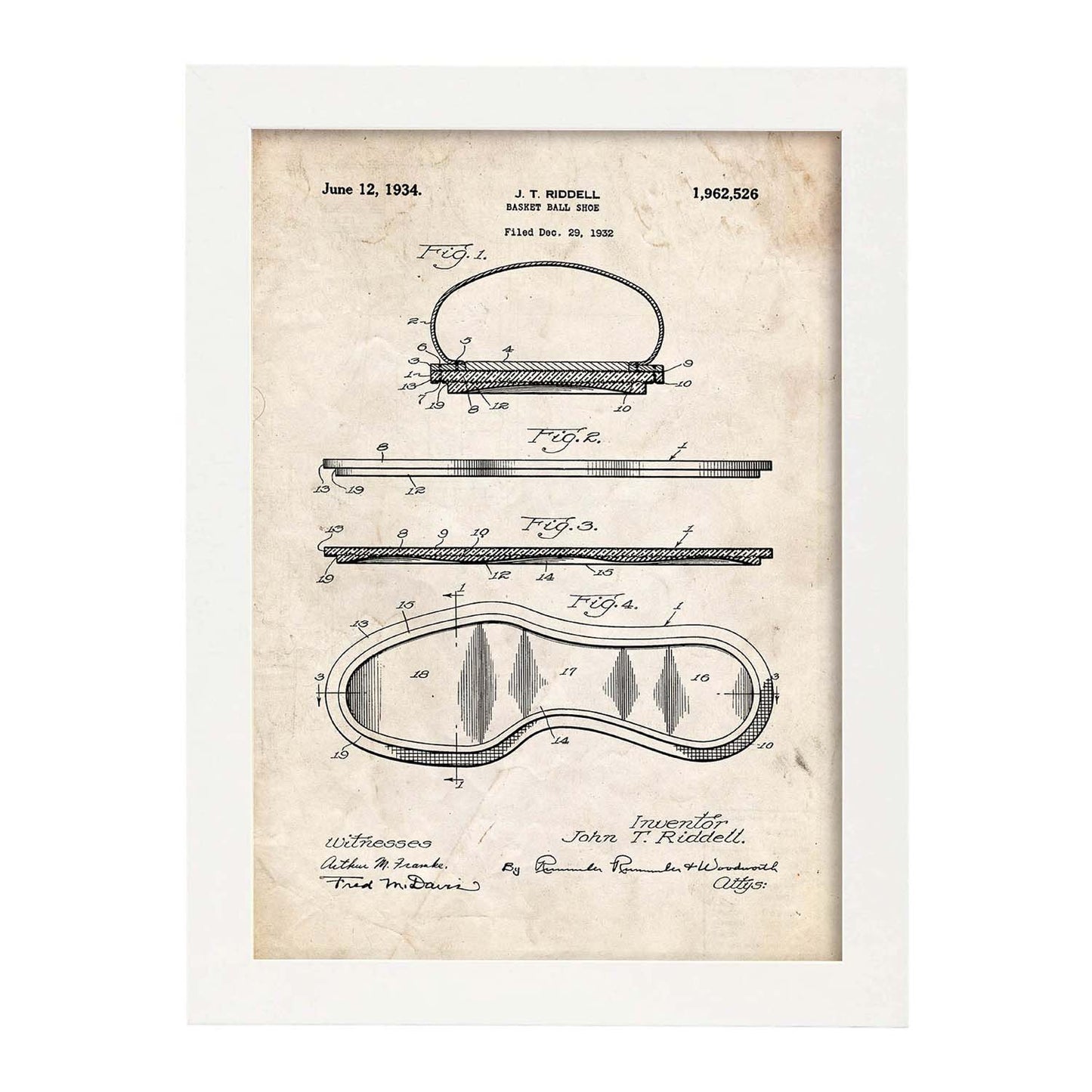 Poster con patente de Zapatilla baloncesto. Lámina con diseño de patente antigua.-Artwork-Nacnic-A3-Marco Blanco-Nacnic Estudio SL