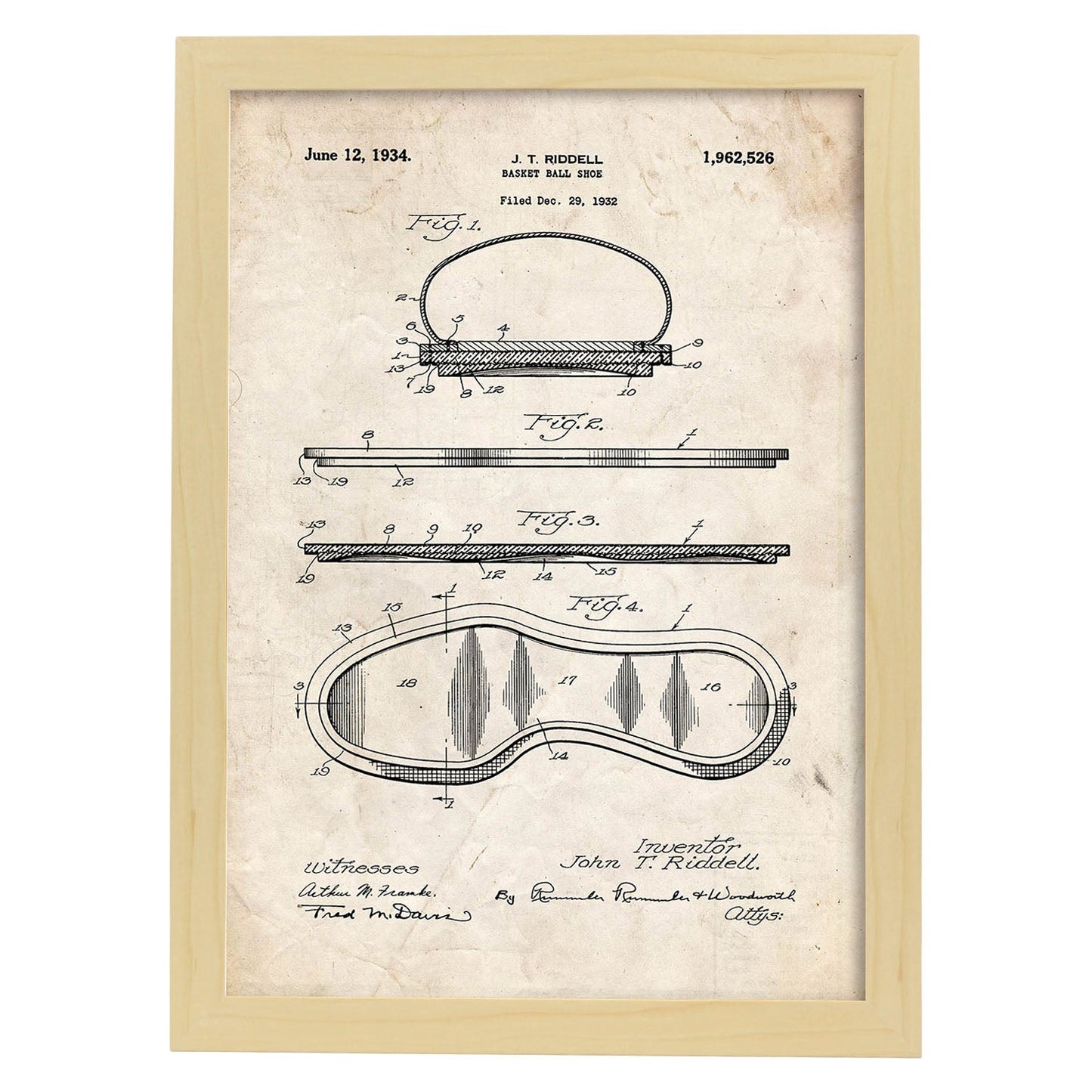 Poster con patente de Zapatilla baloncesto. Lámina con diseño de patente antigua.-Artwork-Nacnic-A3-Marco Madera clara-Nacnic Estudio SL