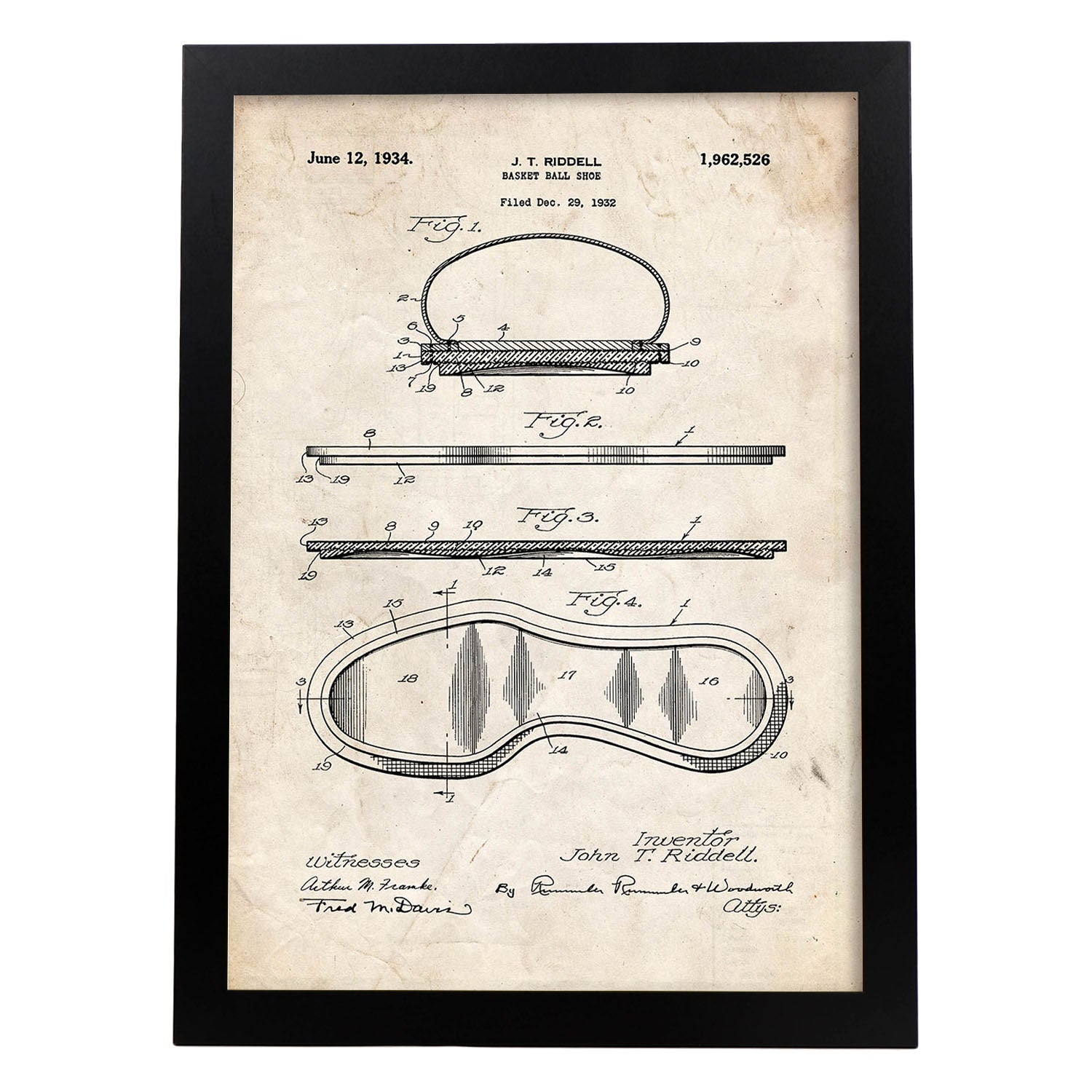 Poster con patente de Zapatilla baloncesto. Lámina con diseño de patente antigua.-Artwork-Nacnic-A3-Marco Negro-Nacnic Estudio SL
