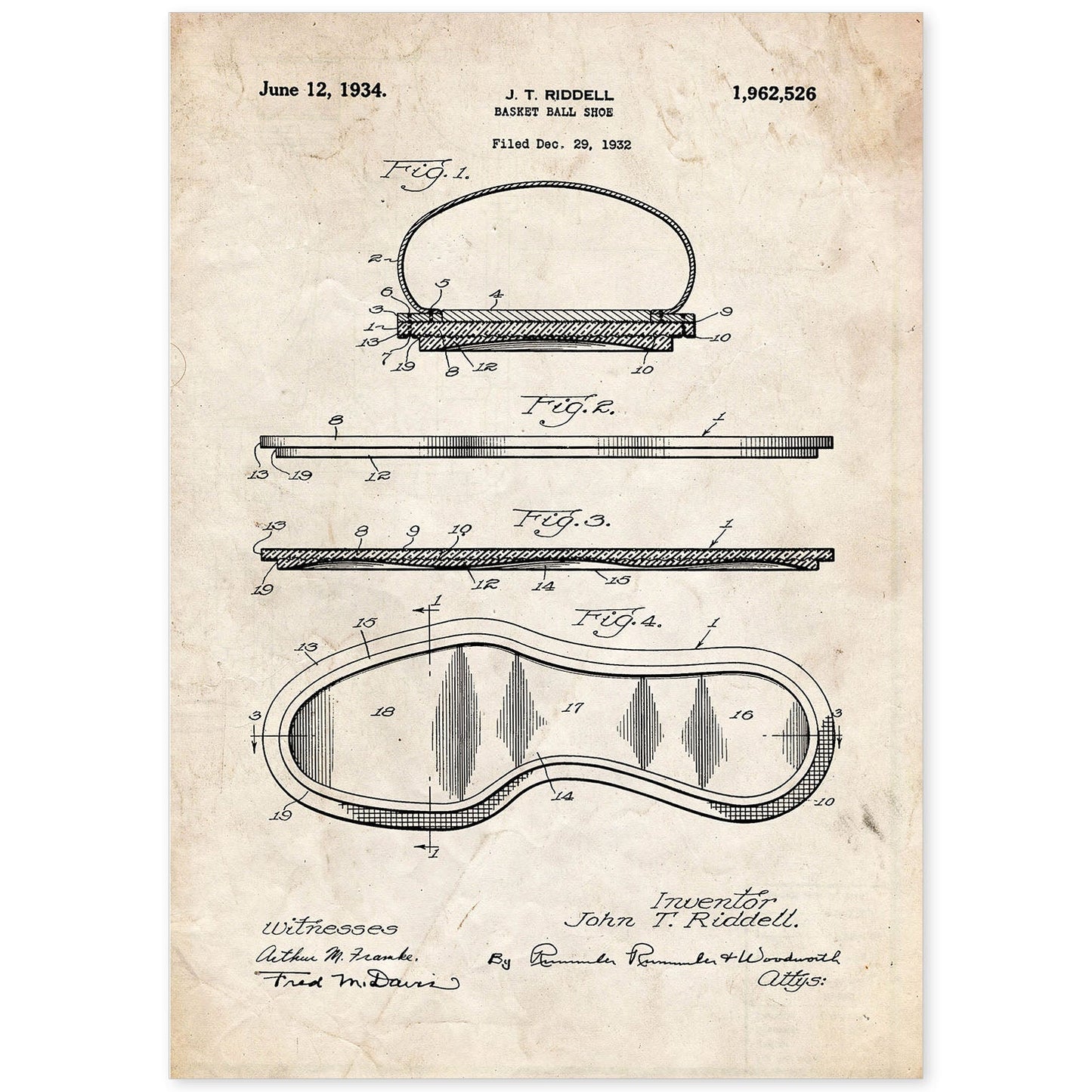 Poster con patente de Zapatilla baloncesto. Lámina con diseño de patente antigua.-Artwork-Nacnic-A4-Sin marco-Nacnic Estudio SL