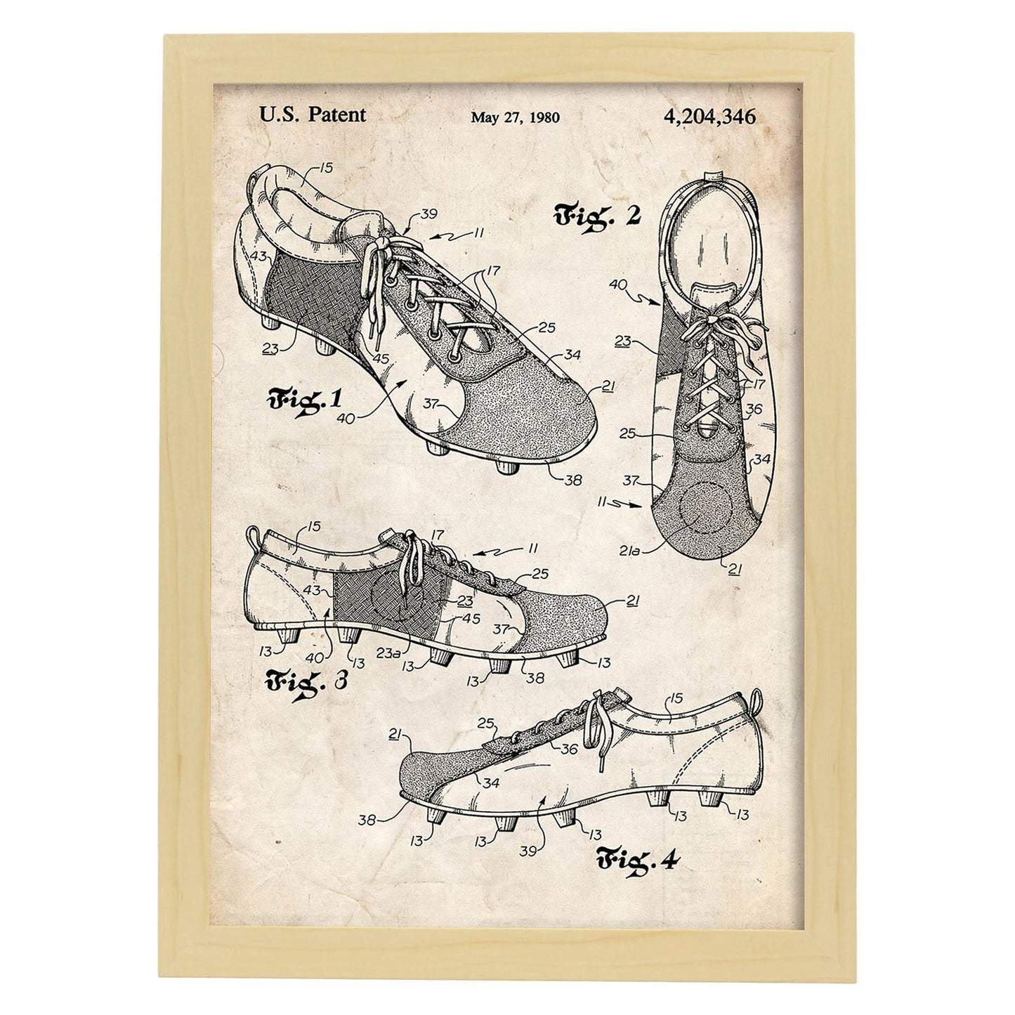 Poster con patente de Zapatillas de futbol. Lámina con diseño de patente antigua.-Artwork-Nacnic-A3-Marco Madera clara-Nacnic Estudio SL