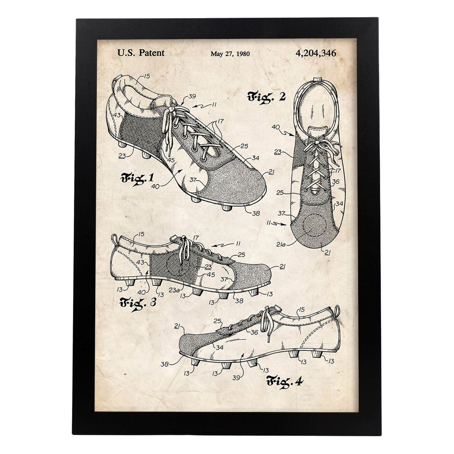 Poster con patente de Zapatillas de futbol. Lámina con diseño de patente antigua.-Artwork-Nacnic-A3-Marco Negro-Nacnic Estudio SL