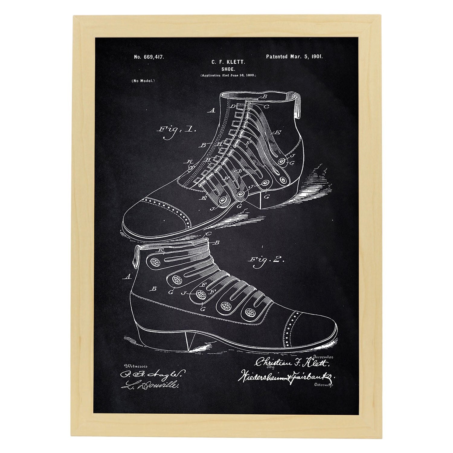 Poster con patente de Zapato botin. Lámina con diseño de patente antigua-Artwork-Nacnic-A3-Marco Madera clara-Nacnic Estudio SL