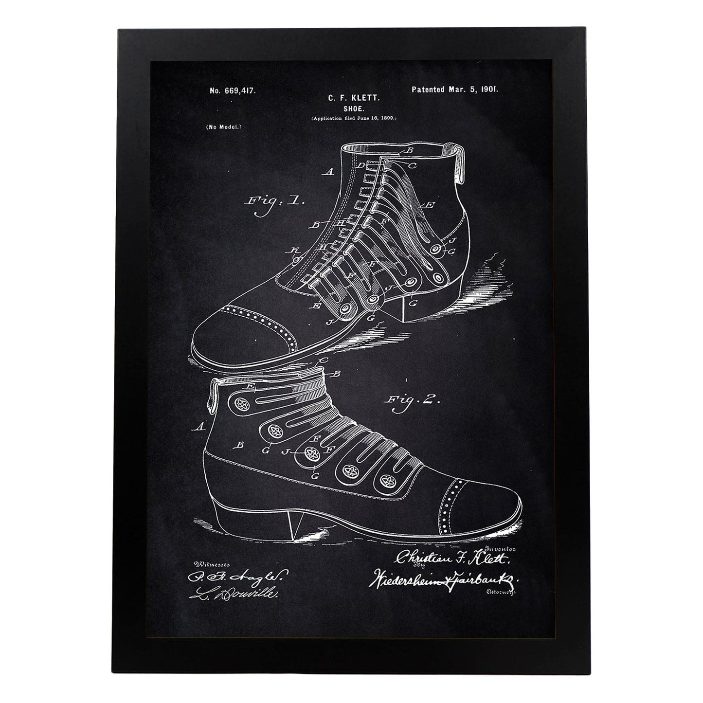 Poster con patente de Zapato botin. Lámina con diseño de patente antigua-Artwork-Nacnic-A3-Marco Negro-Nacnic Estudio SL