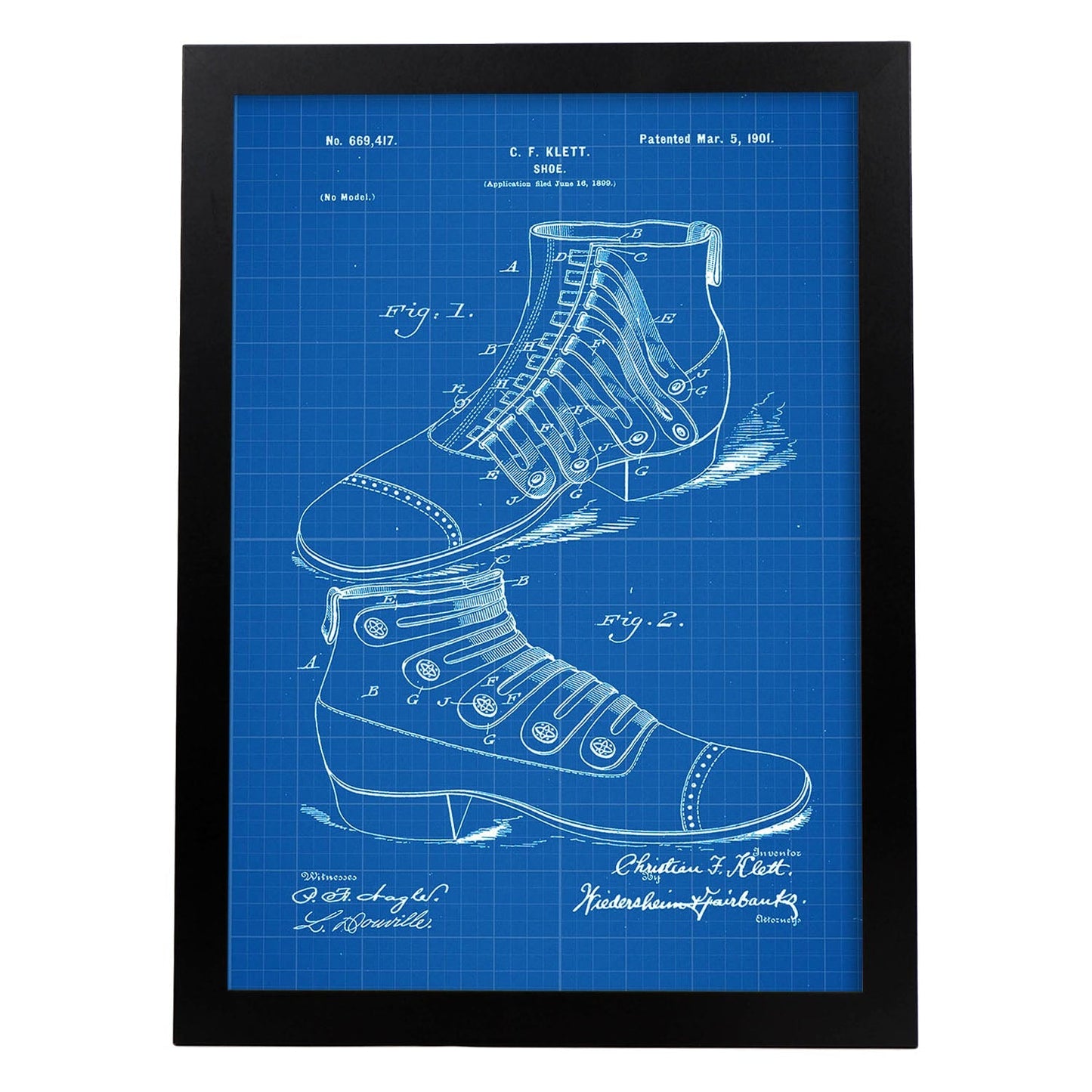 Poster con patente de Zapato botin. Lámina con diseño de patente antigua-Artwork-Nacnic-A3-Marco Negro-Nacnic Estudio SL