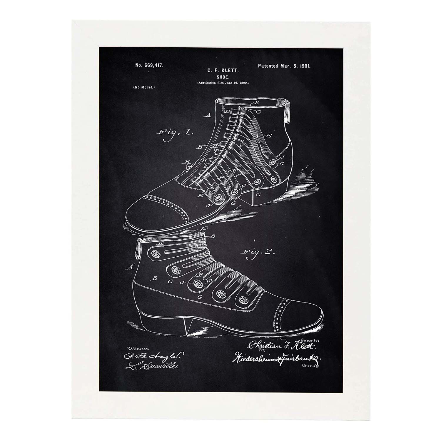 Poster con patente de Zapato botin. Lámina con diseño de patente antigua-Artwork-Nacnic-A4-Marco Blanco-Nacnic Estudio SL