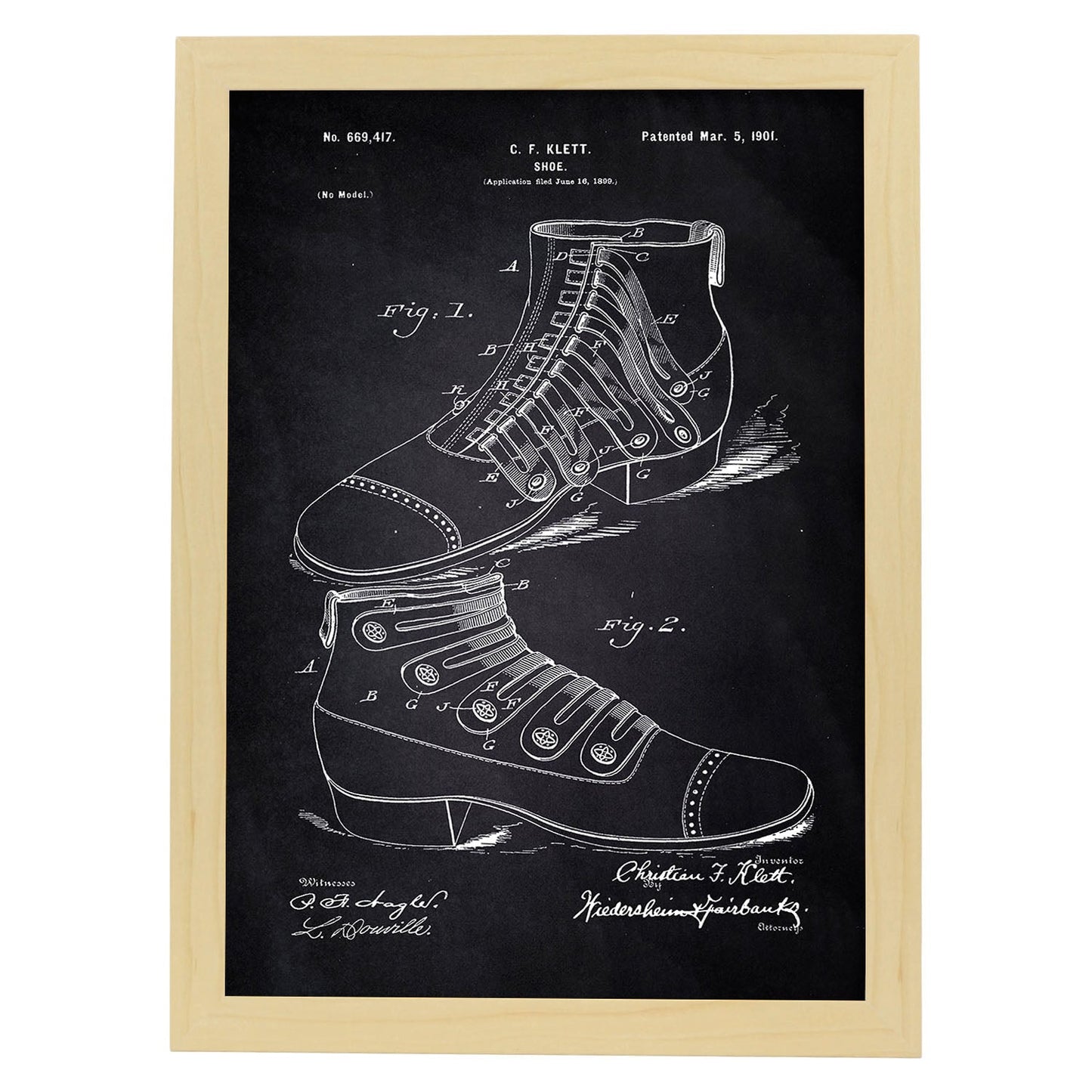 Poster con patente de Zapato botin. Lámina con diseño de patente antigua-Artwork-Nacnic-A4-Marco Madera clara-Nacnic Estudio SL