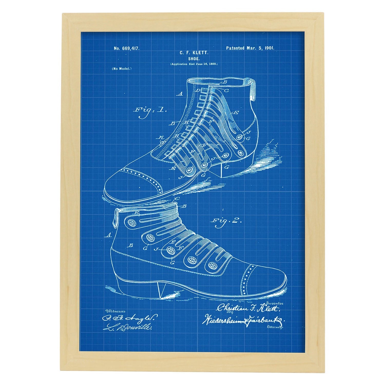 Poster con patente de Zapato botin. Lámina con diseño de patente antigua-Artwork-Nacnic-A4-Marco Madera clara-Nacnic Estudio SL