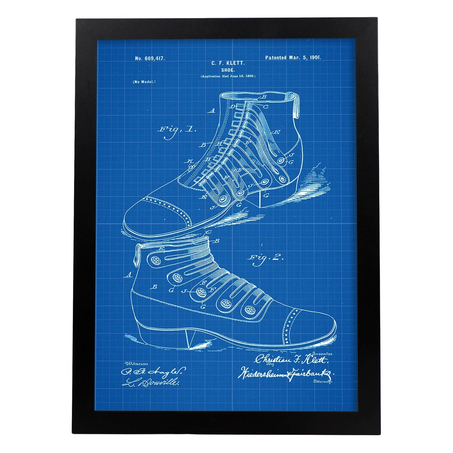 Poster con patente de Zapato botin. Lámina con diseño de patente antigua-Artwork-Nacnic-A4-Marco Negro-Nacnic Estudio SL