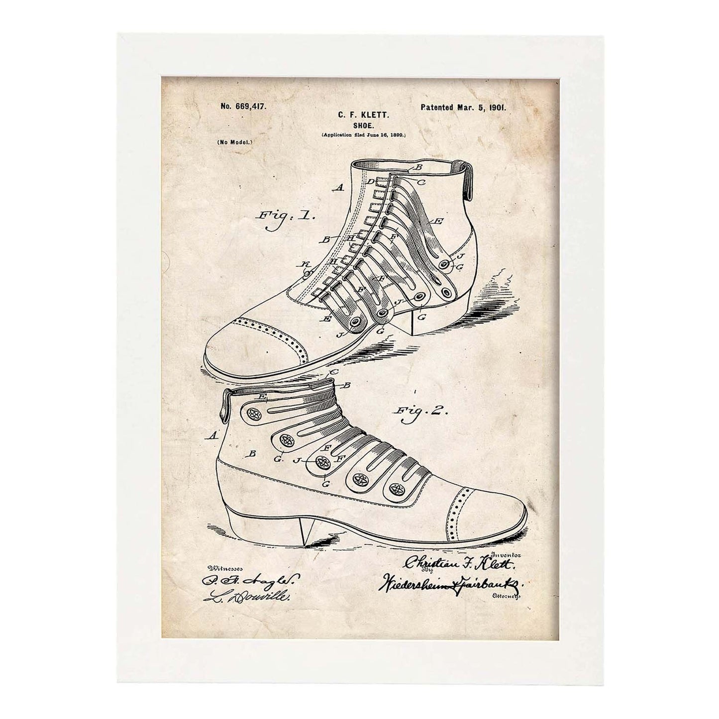 Poster con patente de Zapato botin. Lámina con diseño de patente antigua.-Artwork-Nacnic-A3-Marco Blanco-Nacnic Estudio SL