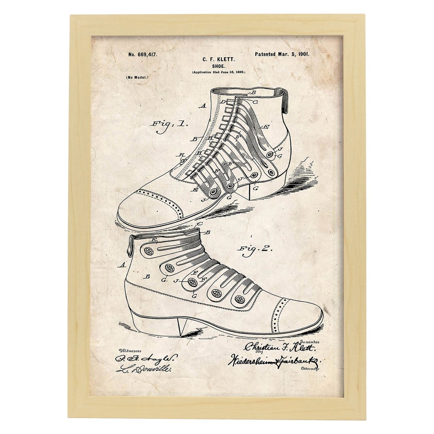 Poster con patente de Zapato botin. Lámina con diseño de patente antigua.-Artwork-Nacnic-A3-Marco Madera clara-Nacnic Estudio SL