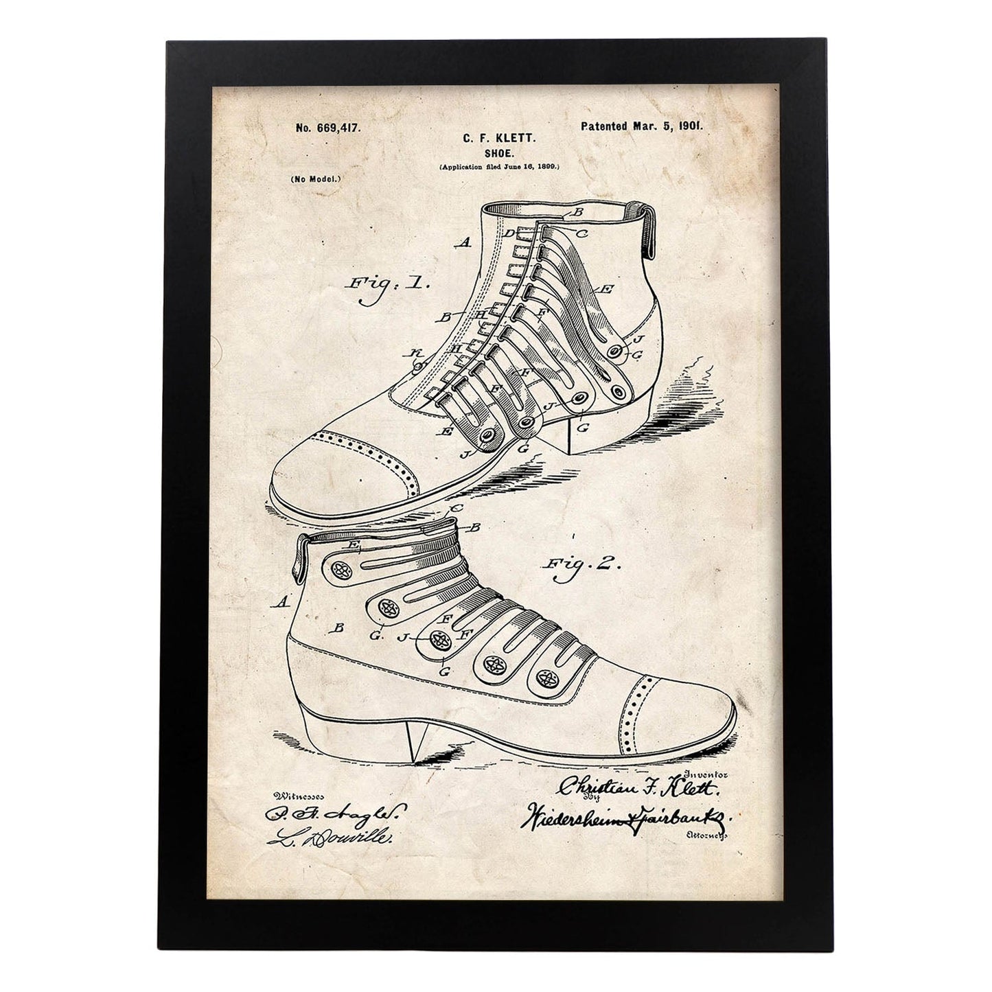 Poster con patente de Zapato botin. Lámina con diseño de patente antigua.-Artwork-Nacnic-A3-Marco Negro-Nacnic Estudio SL