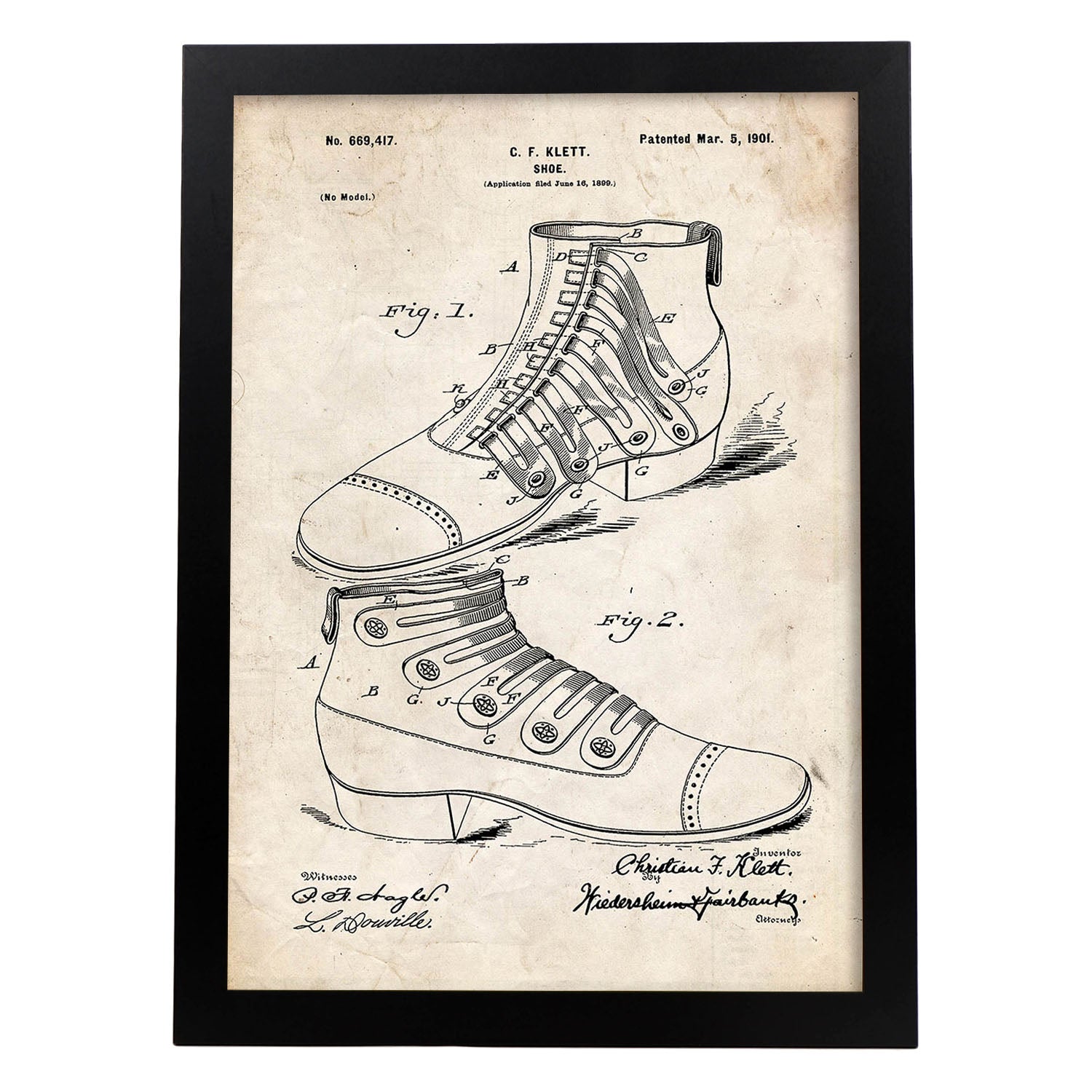 Poster con patente de Zapato botin. Lámina con diseño de patente antigua.-Artwork-Nacnic-A4-Marco Negro-Nacnic Estudio SL