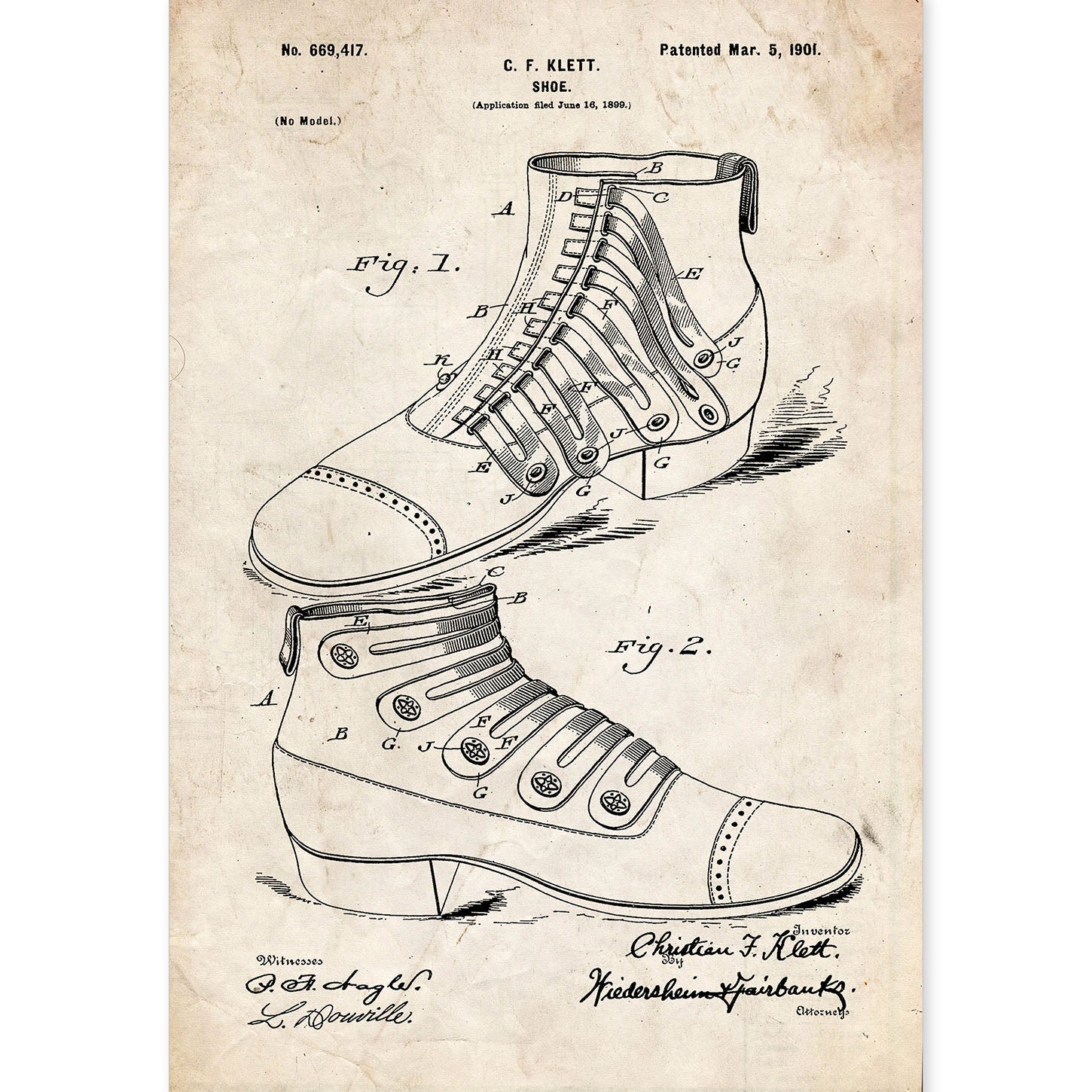 Poster con patente de Zapato botin. Lámina con diseño de patente antigua.-Artwork-Nacnic-A4-Sin marco-Nacnic Estudio SL