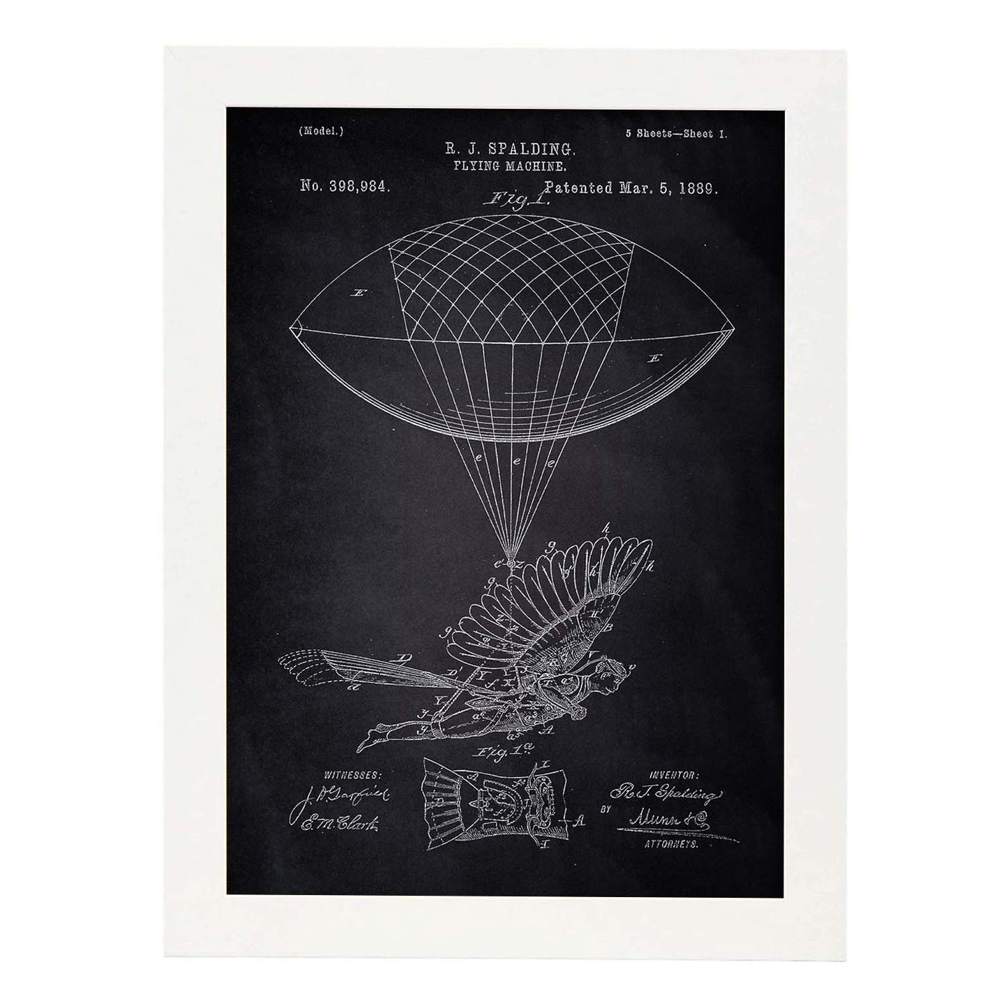 Poster con patente de Zepelin humano. Lámina con diseño de patente antigua-Artwork-Nacnic-A3-Marco Blanco-Nacnic Estudio SL