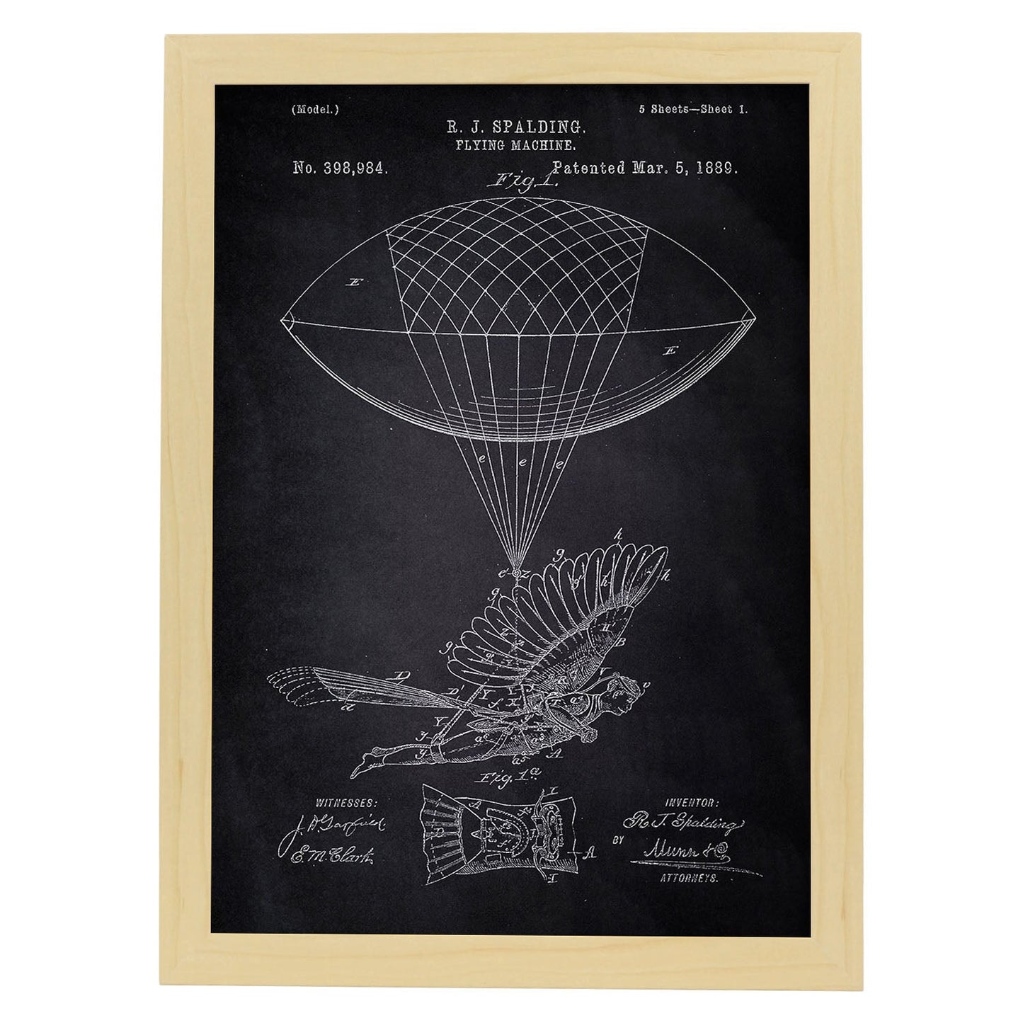 Poster con patente de Zepelin humano. Lámina con diseño de patente antigua-Artwork-Nacnic-A3-Marco Madera clara-Nacnic Estudio SL