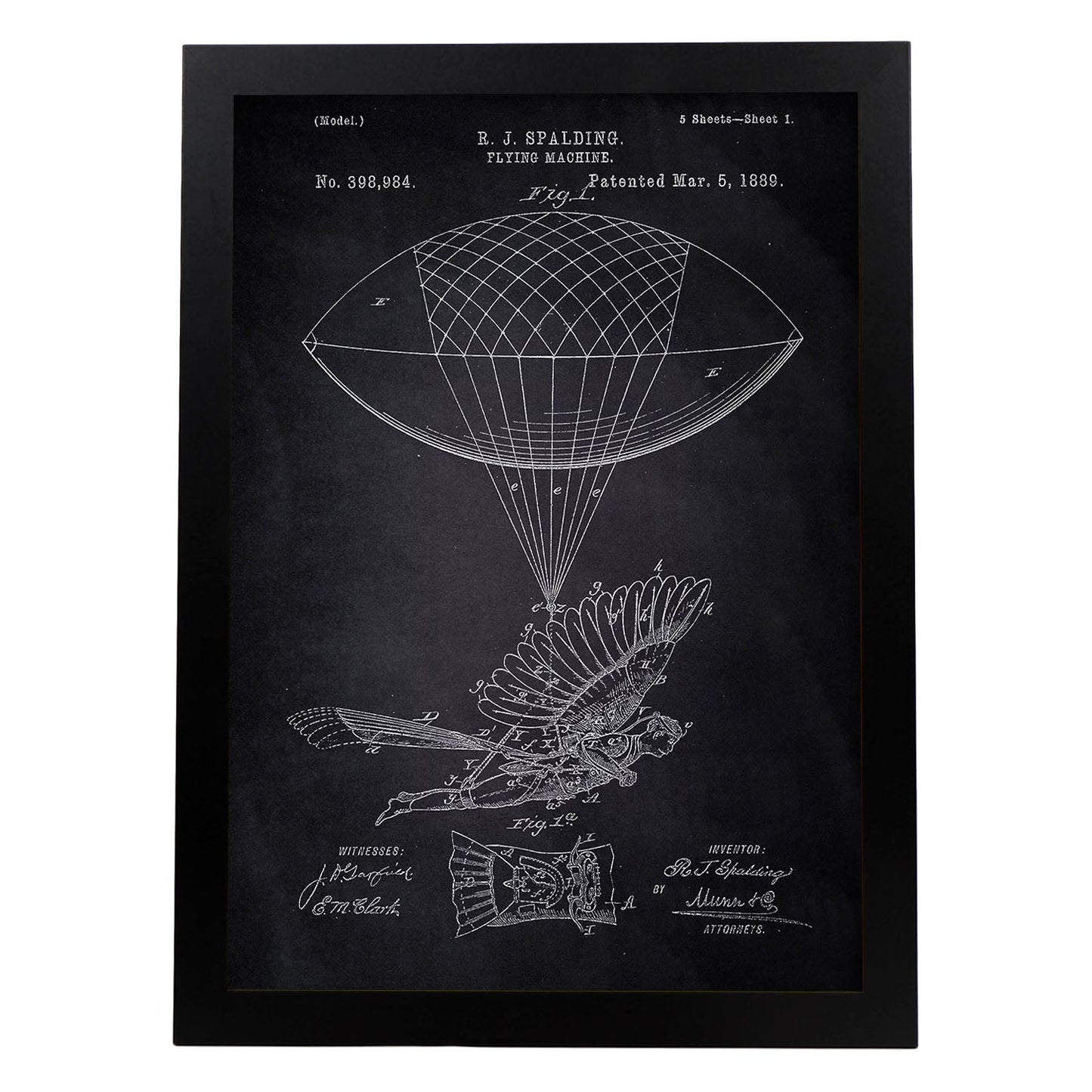 Poster con patente de Zepelin humano. Lámina con diseño de patente antigua-Artwork-Nacnic-A3-Marco Negro-Nacnic Estudio SL