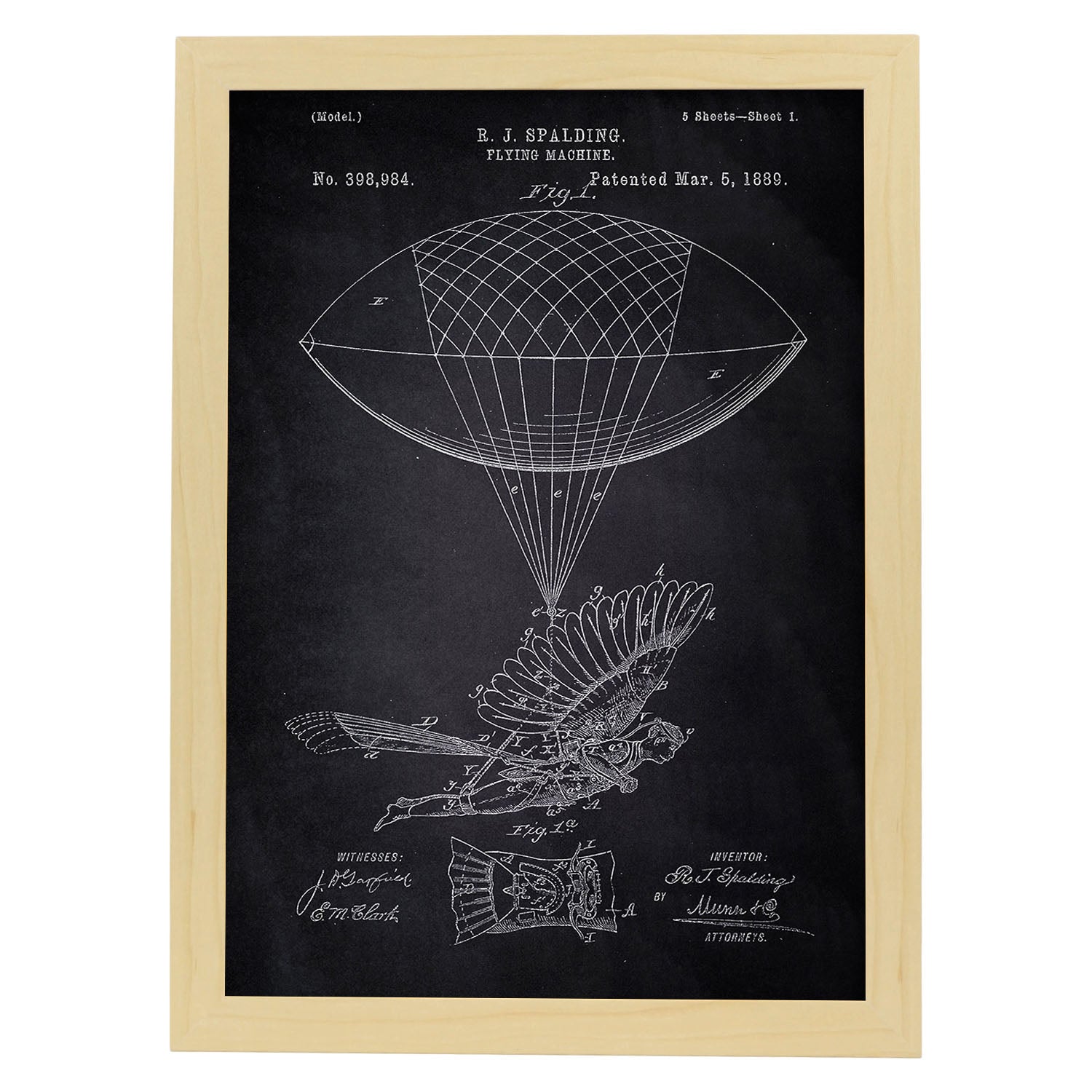 Poster con patente de Zepelin humano. Lámina con diseño de patente antigua-Artwork-Nacnic-A4-Marco Madera clara-Nacnic Estudio SL