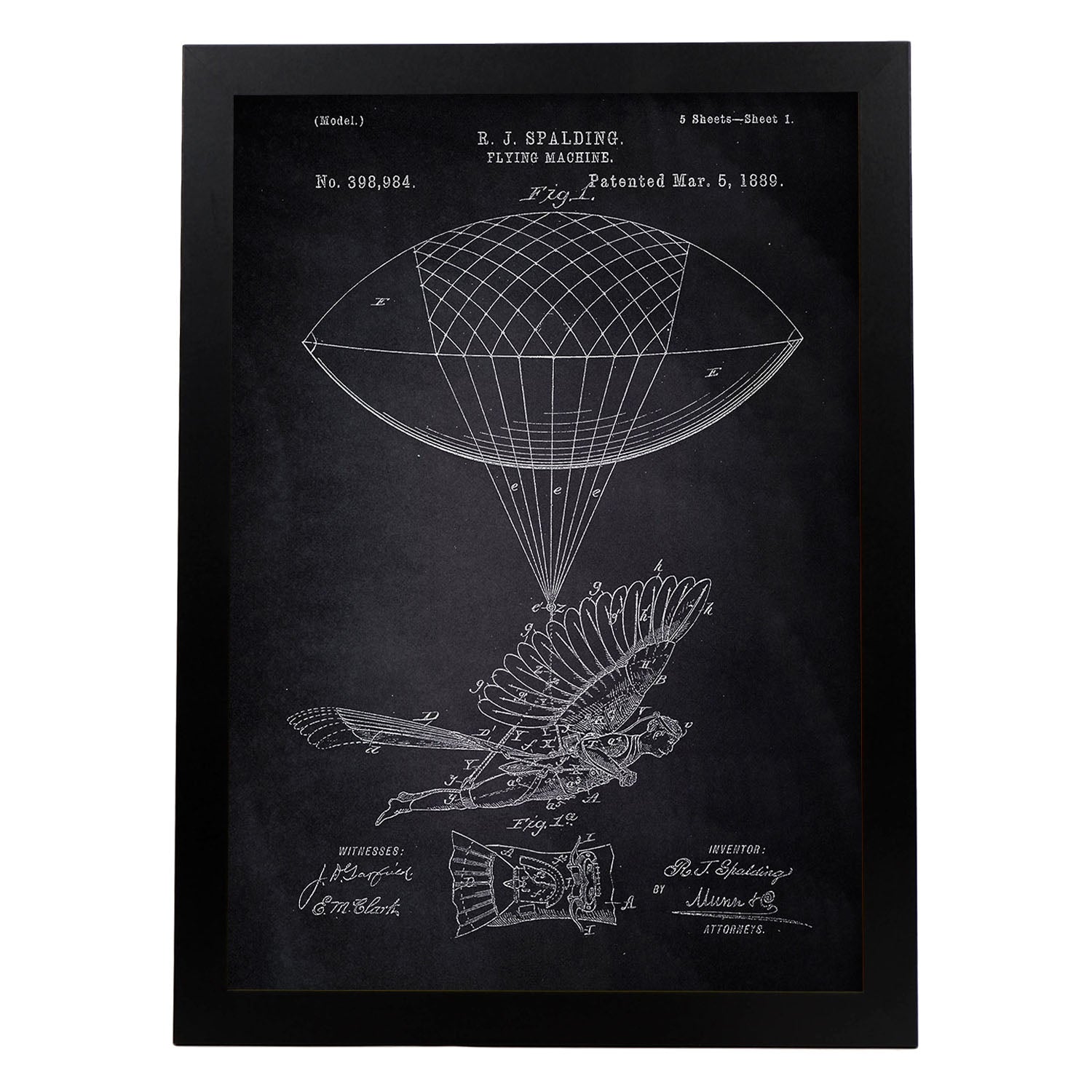 Poster con patente de Zepelin humano. Lámina con diseño de patente antigua-Artwork-Nacnic-A4-Marco Negro-Nacnic Estudio SL