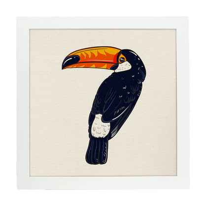 Poster cuadrado con dibujos de pájaros. Lámina Tucán inquieto, ilustrada con dibujos de pajaros y periquitos.-Artwork-Nacnic-20x20 cm-Marco Blanco-Nacnic Estudio SL