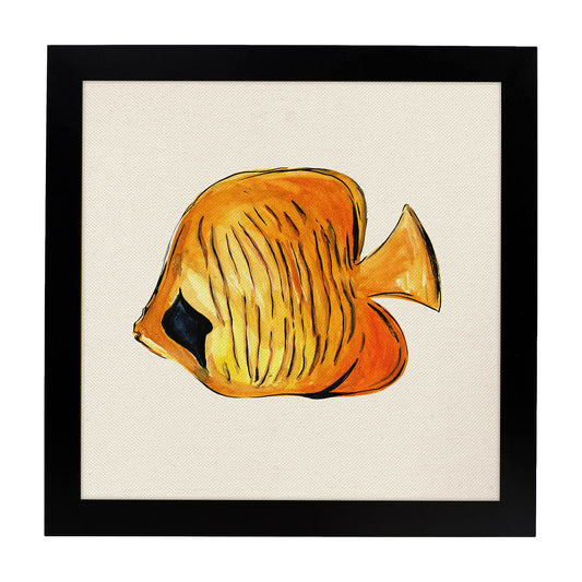 Poster cuadrado con dibujos de peces. Lámina Pececito amarillo, ilustrada con dibujos de peces y animales del mar.-Artwork-Nacnic-20x20 cm-Marco Negro-Nacnic Estudio SL