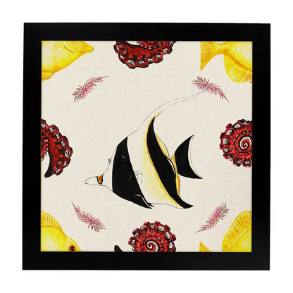 Poster cuadrado con dibujos de peces. Lámina Pez pececito, ilustrada con dibujos de peces y animales del mar.-Artwork-Nacnic-20x20 cm-Marco Negro-Nacnic Estudio SL
