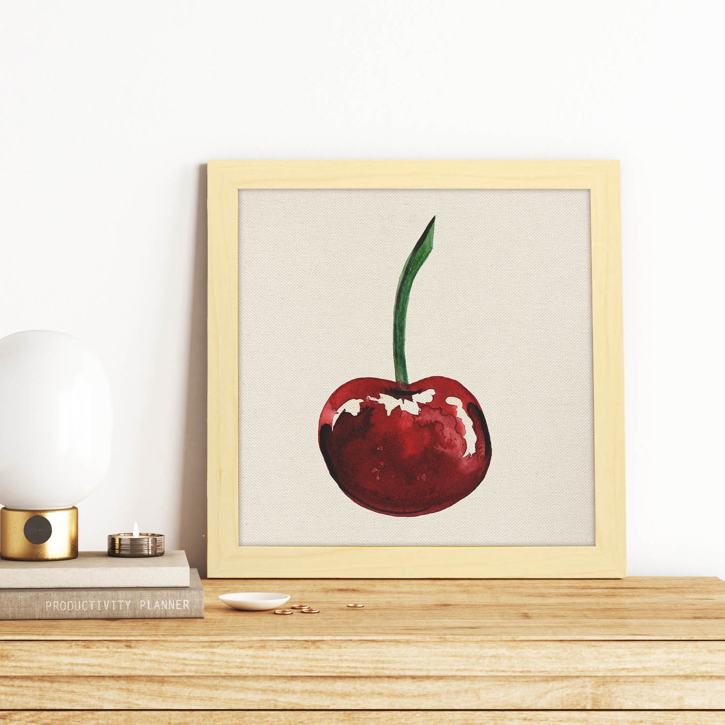 Poster cuadrado de Cereza sabrosa. Lámina de frutas y verduras de forma cuadrada, ilustrada con dibujos a color.-Artwork-Nacnic-Nacnic Estudio SL