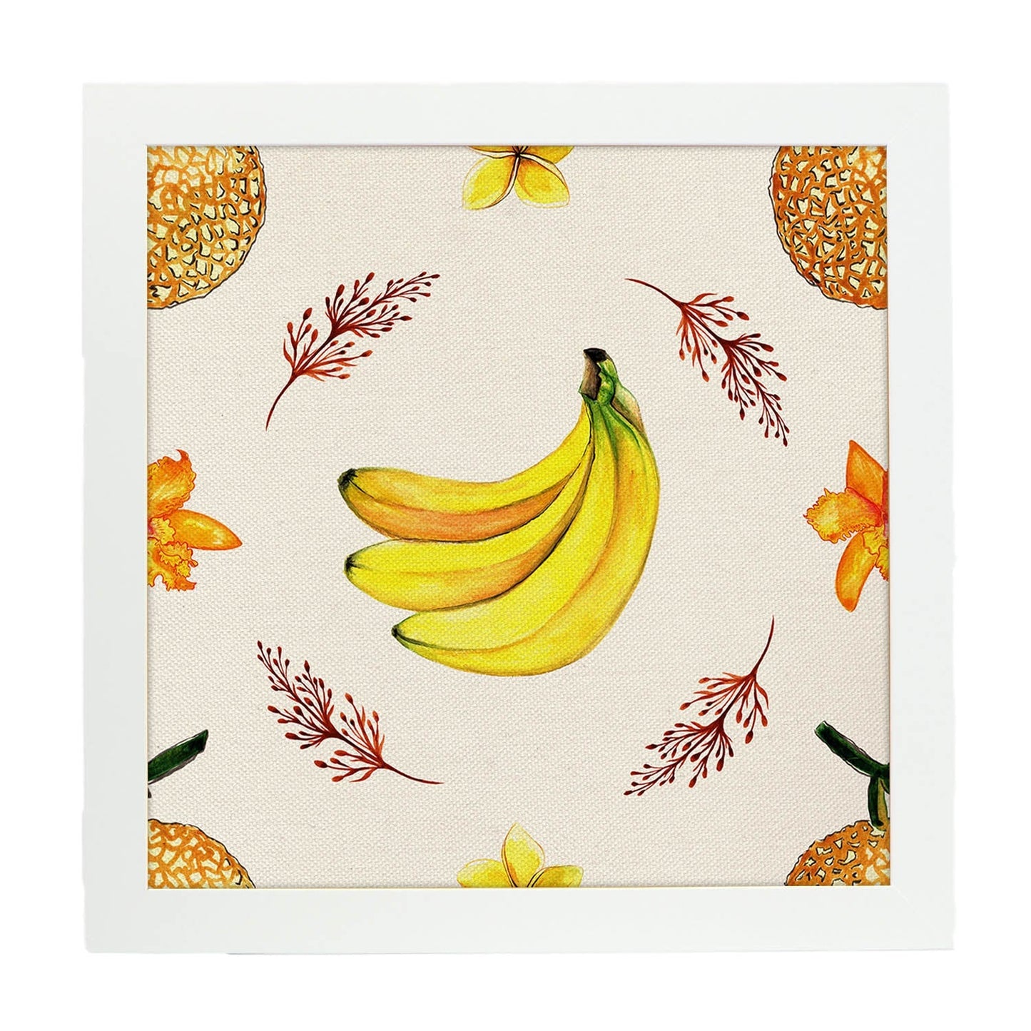 Poster cuadrado de Platano bailarin. Lámina de frutas y verduras de forma cuadrada, ilustrada con dibujos a color.-Artwork-Nacnic-25x25 cm-Marco Blanco-Nacnic Estudio SL