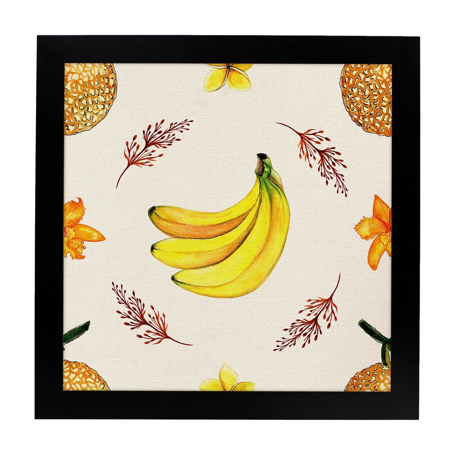 Poster cuadrado de Platano bailarin. Lámina de frutas y verduras de forma cuadrada, ilustrada con dibujos a color.-Artwork-Nacnic-25x25 cm-Marco Negro-Nacnic Estudio SL