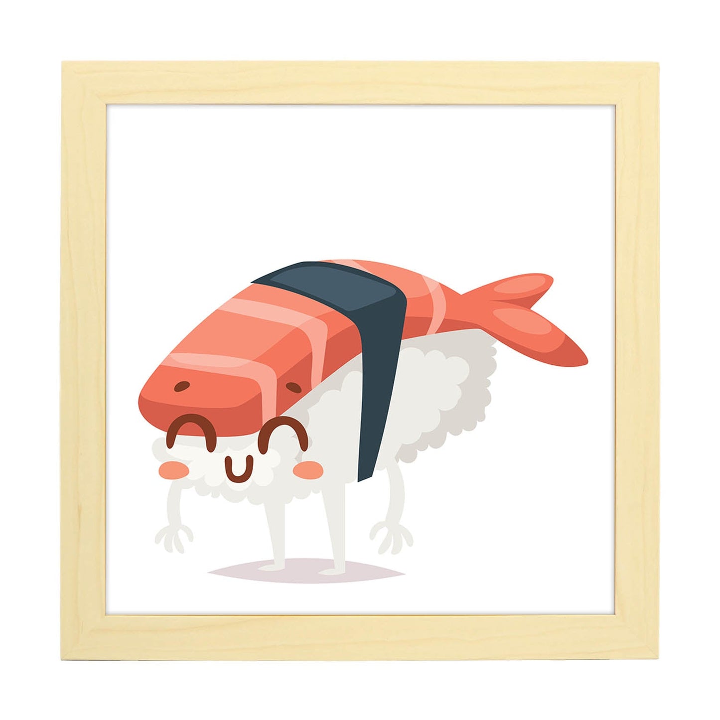 Poster cuadrado de sushi. Lámina Sushi gamba, con dibujos de sushi, onigiri, y otras comidas japonesas.-Artwork-Nacnic-20x20 cm-Marco Madera clara-Nacnic Estudio SL