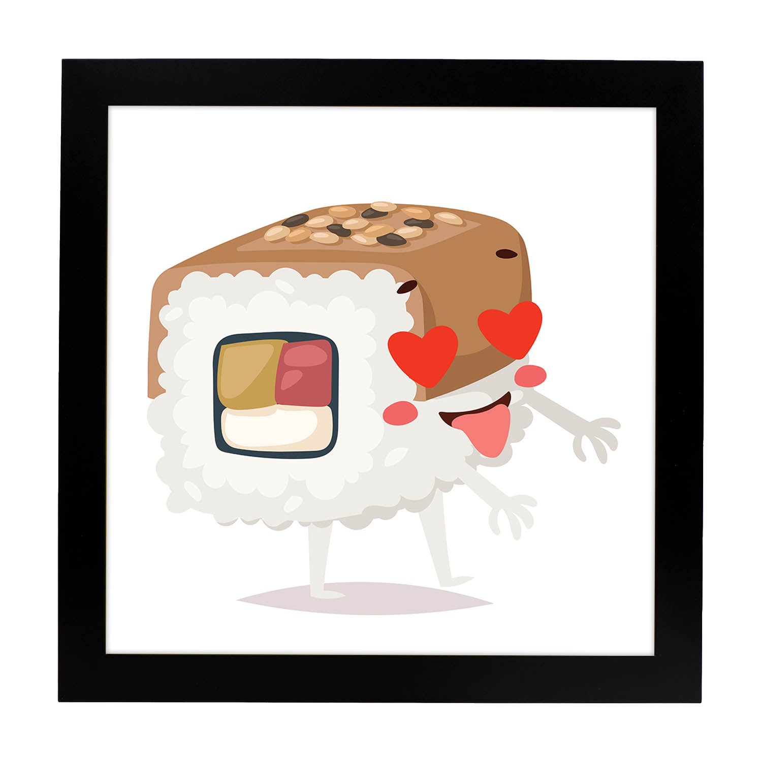 Poster cuadrado de sushi. Lámina Sushi in love, con dibujos de sushi, onigiri, y otras comidas japonesas.-Artwork-Nacnic-20x20 cm-Marco Negro-Nacnic Estudio SL
