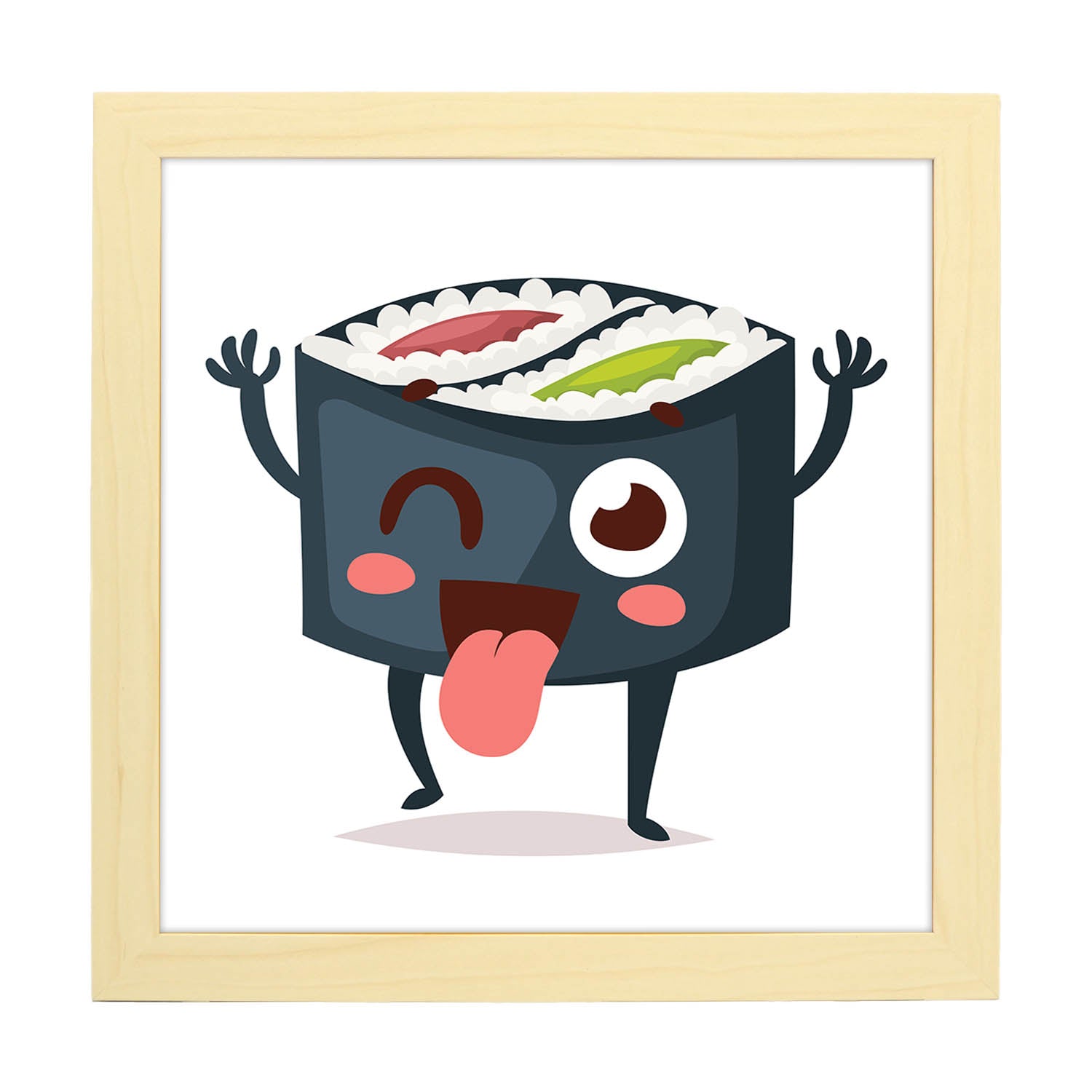 Poster cuadrado de sushi. Lámina Sushi maki salmon pepino, con dibujos de sushi, onigiri, y otras comidas japonesas.-Artwork-Nacnic-20x20 cm-Marco Madera clara-Nacnic Estudio SL