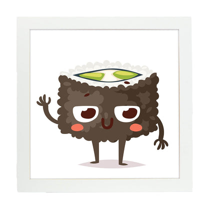 Poster cuadrado de sushi. Lámina Sushi pepino, con dibujos de sushi, onigiri, y otras comidas japonesas.-Artwork-Nacnic-20x20 cm-Marco Blanco-Nacnic Estudio SL