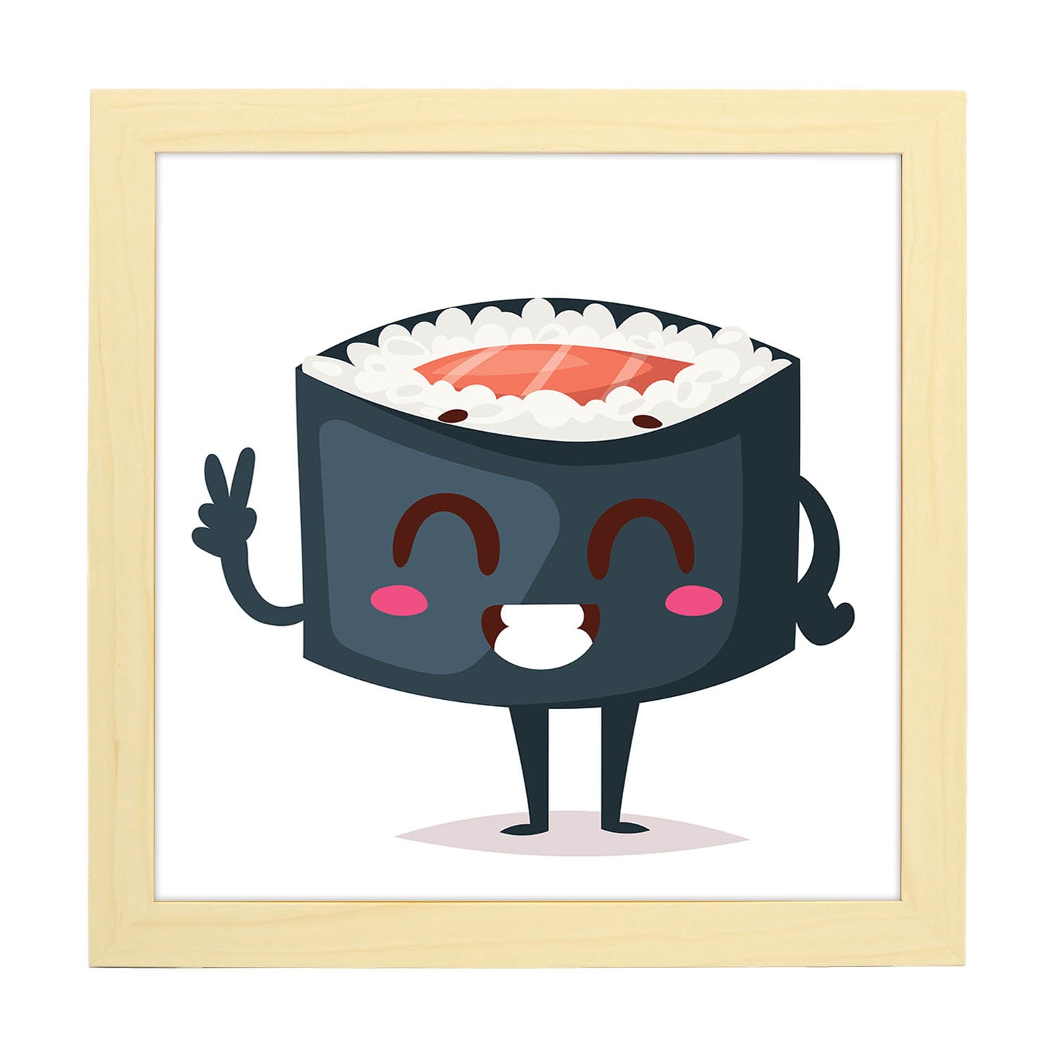 Poster cuadrado de sushi. Lámina Sushi salmon in, con dibujos de sushi, onigiri, y otras comidas japonesas.-Artwork-Nacnic-20x20 cm-Marco Madera clara-Nacnic Estudio SL