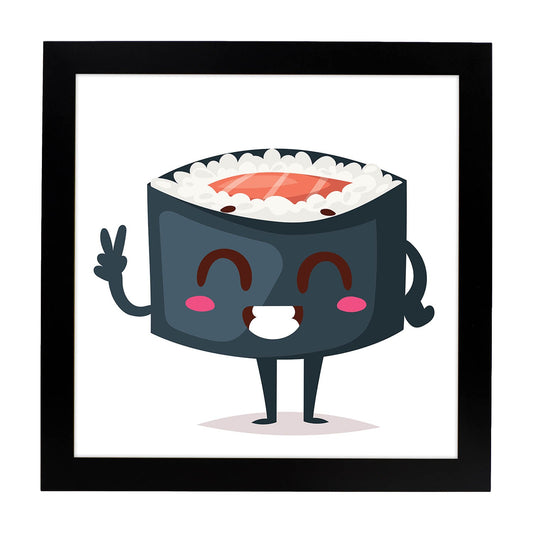 Poster cuadrado de sushi. Lámina Sushi salmon in, con dibujos de sushi, onigiri, y otras comidas japonesas.-Artwork-Nacnic-20x20 cm-Marco Negro-Nacnic Estudio SL
