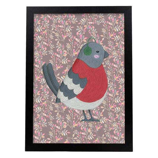 Poster de animales con fondos coloridos. Lámina Pajarito en otoño, con ilustraciones de animales.-Artwork-Nacnic-A4-Marco Negro-Nacnic Estudio SL