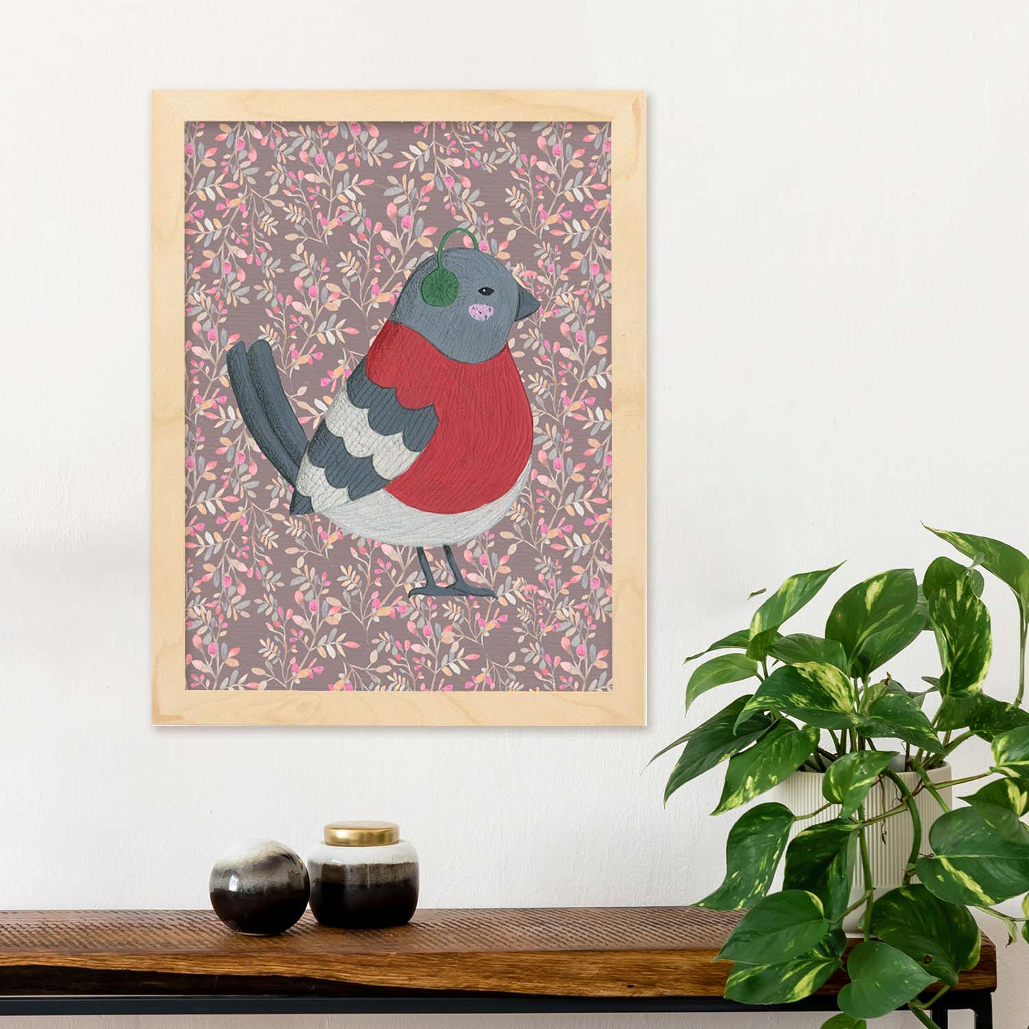 Poster de animales con fondos coloridos. Lámina Pajarito en otoño, con ilustraciones de animales.-Artwork-Nacnic-Nacnic Estudio SL