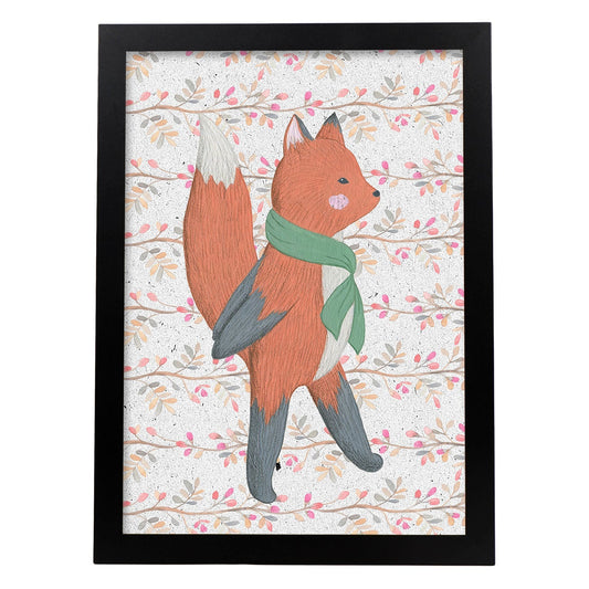 Poster de animales con fondos coloridos. Lámina Papa Zorro paseando, con ilustraciones de animales.-Artwork-Nacnic-A4-Marco Negro-Nacnic Estudio SL