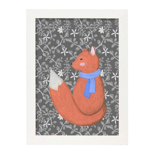 Poster de animales con fondos coloridos. Lámina Zorrito con bufanda, con ilustraciones de animales.-Artwork-Nacnic-A4-Marco Blanco-Nacnic Estudio SL