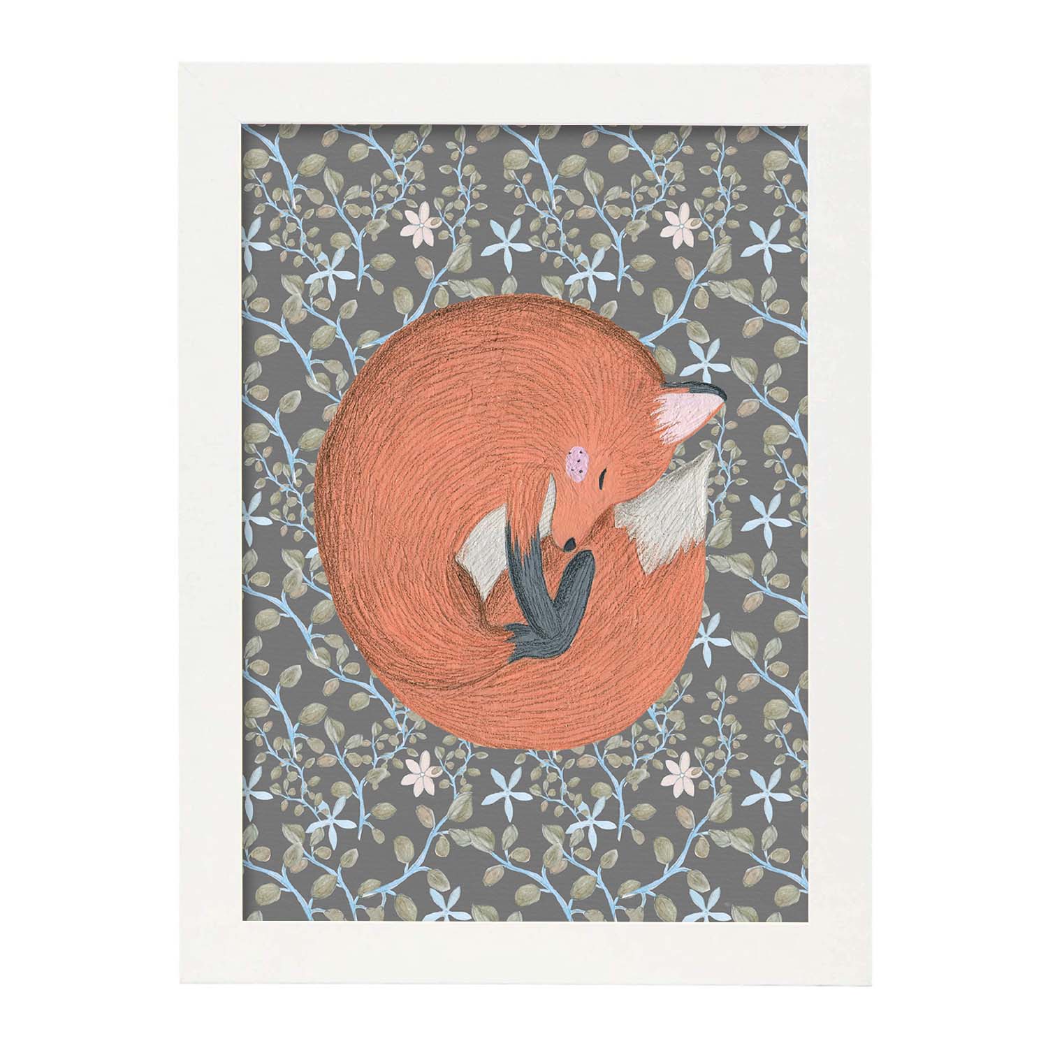 Poster de animales con fondos coloridos. Lámina Zorrito en la siesta, con ilustraciones de animales.-Artwork-Nacnic-A3-Marco Blanco-Nacnic Estudio SL