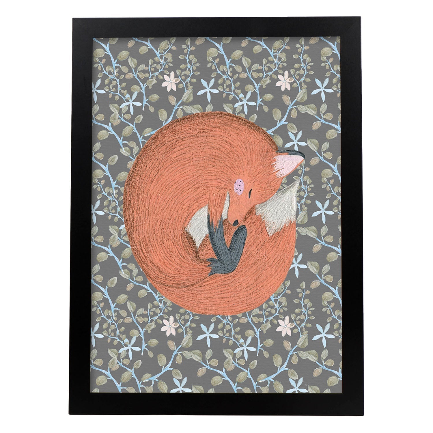 Poster de animales con fondos coloridos. Lámina Zorrito en la siesta, con ilustraciones de animales.-Artwork-Nacnic-A4-Marco Negro-Nacnic Estudio SL