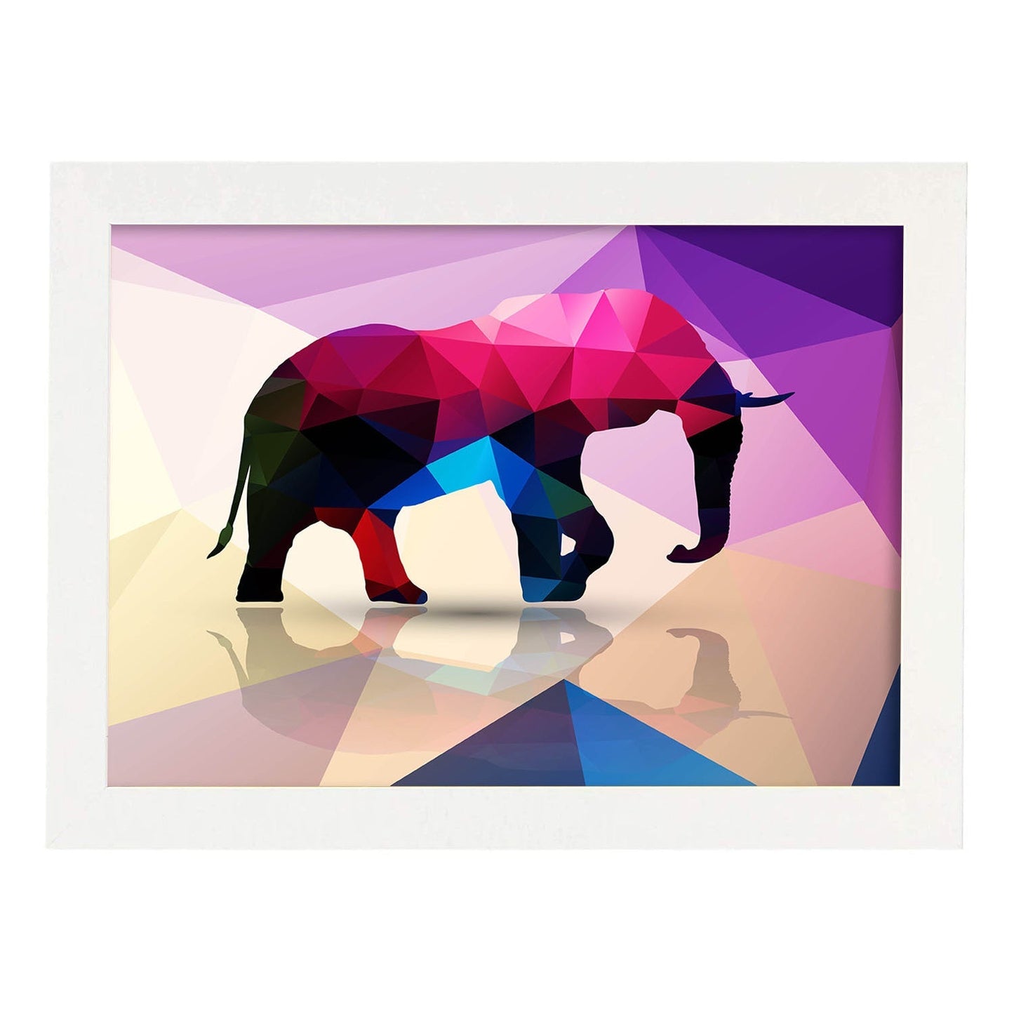 Poster de animales geométricos con fondos a color. Lámina Elefante, ilustrada con formas geométricas, y con un colorido fondo.-Artwork-Nacnic-A3-Marco Blanco-Nacnic Estudio SL