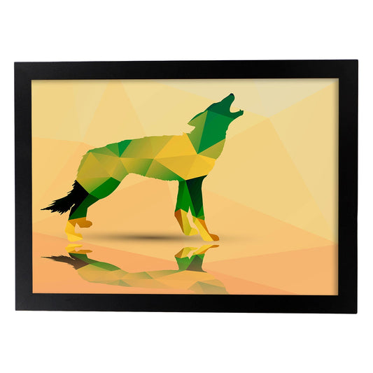 Poster de animales geométricos con fondos a color. Lámina Lobo, ilustrada con formas geométricas, y con un colorido fondo.-Artwork-Nacnic-A4-Marco Negro-Nacnic Estudio SL