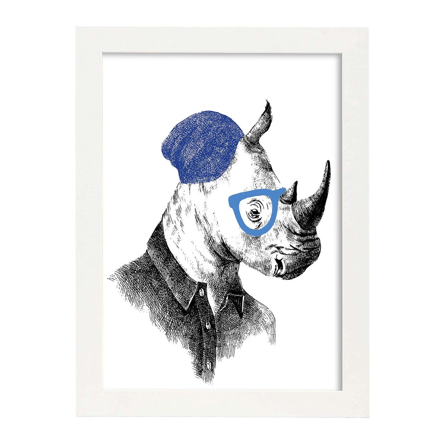 Poster de animales. Lámina Rinoceronte hipster. Colección mix de animales coloridos para-Artwork-Nacnic-A3-Marco Blanco-Nacnic Estudio SL