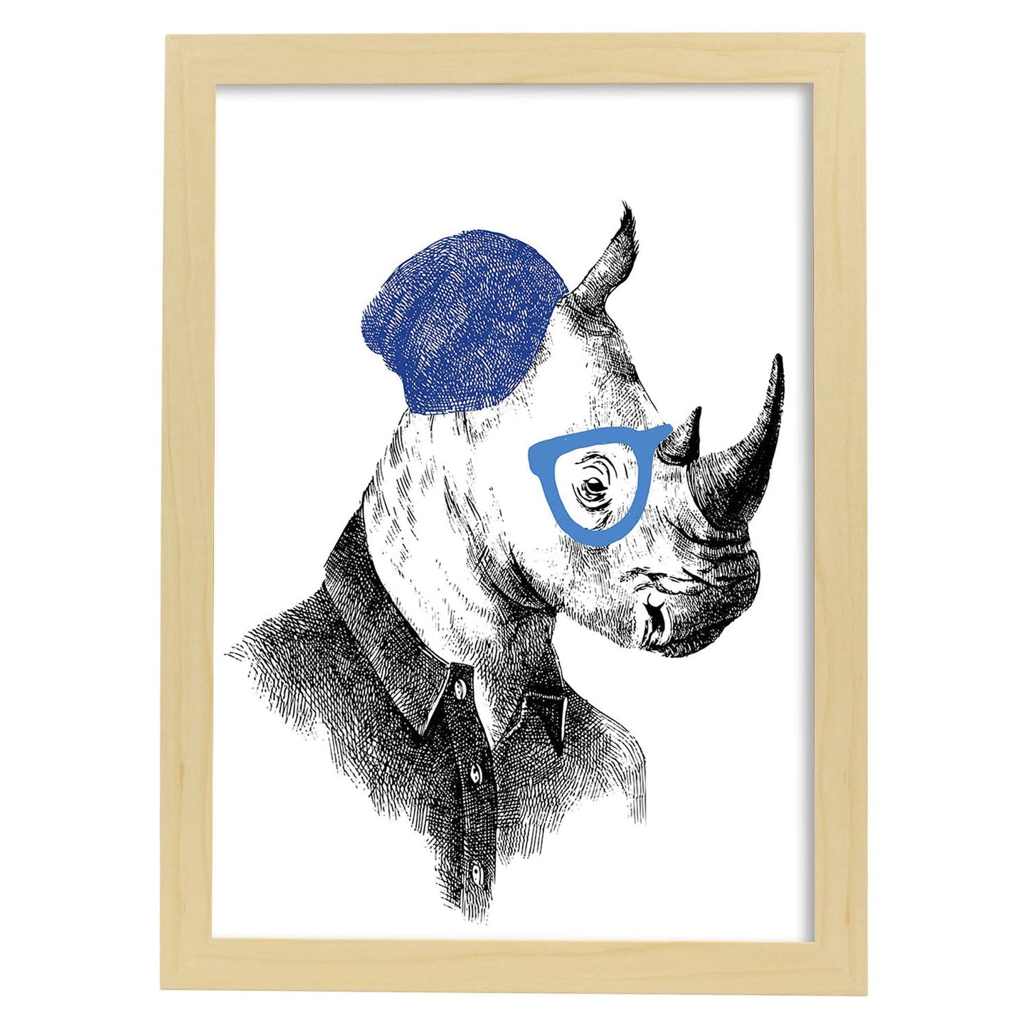 Poster de animales. Lámina Rinoceronte hipster. Colección mix de animales coloridos para-Artwork-Nacnic-A3-Marco Madera clara-Nacnic Estudio SL