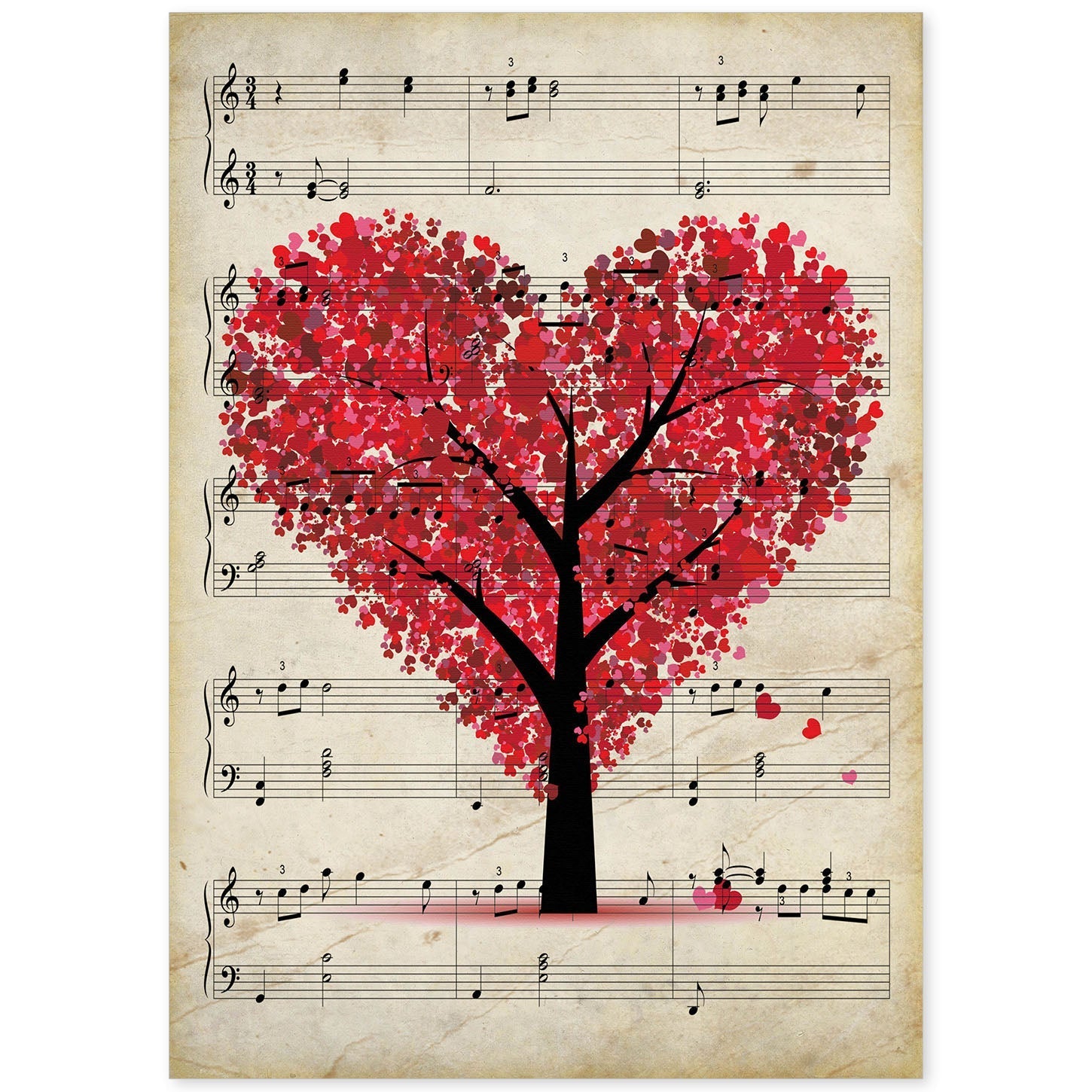 Poster de Arbol corazon sobre partitura. Láminas de imágenes con partituras. Diseño de música para el hogar.-Artwork-Nacnic-A4-Sin marco-Nacnic Estudio SL