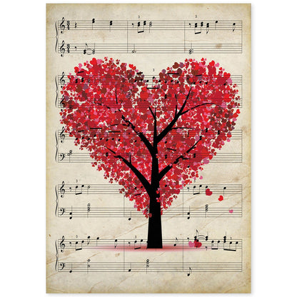 Poster de Arbol corazon sobre partitura. Láminas de imágenes con partituras. Diseño de música para el hogar.-Artwork-Nacnic-A4-Sin marco-Nacnic Estudio SL