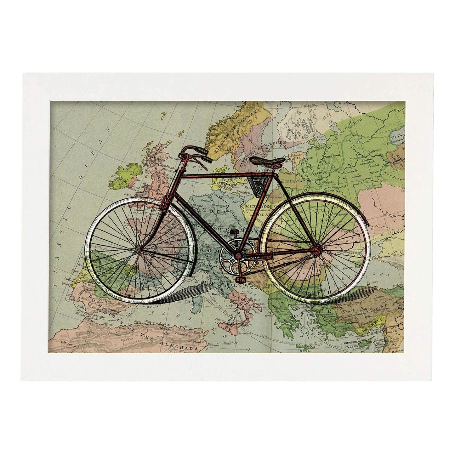 Poster de Bici en mapa de Europa. Láminas de mapas del mundo. Decoración con mapas e imágenes vintage.-Artwork-Nacnic-A3-Marco Blanco-Nacnic Estudio SL