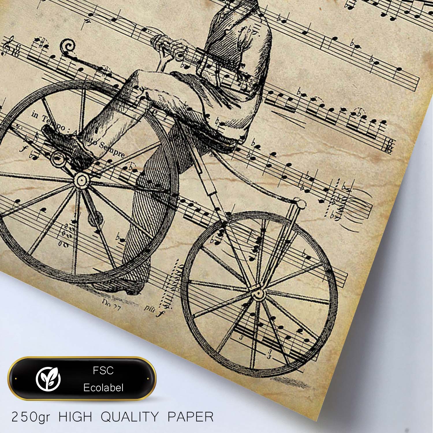 Poster de Bicicleta de madera sobre partitura. Láminas de imágenes con partituras. Diseño de música para el hogar.-Artwork-Nacnic-Nacnic Estudio SL
