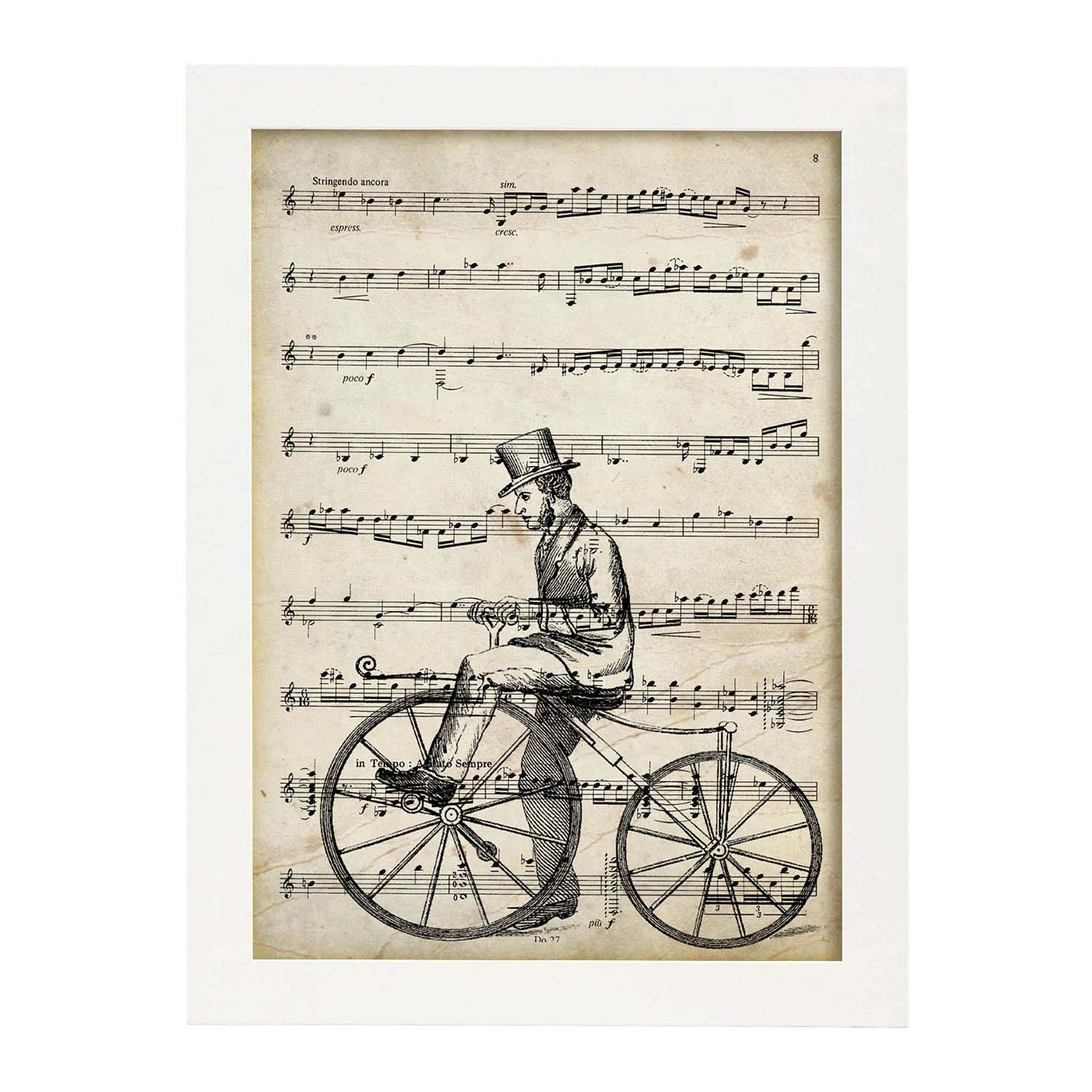 Poster de Bicicleta de madera sobre partitura. Láminas de imágenes con partituras. Diseño de música para el hogar.-Artwork-Nacnic-A3-Marco Blanco-Nacnic Estudio SL